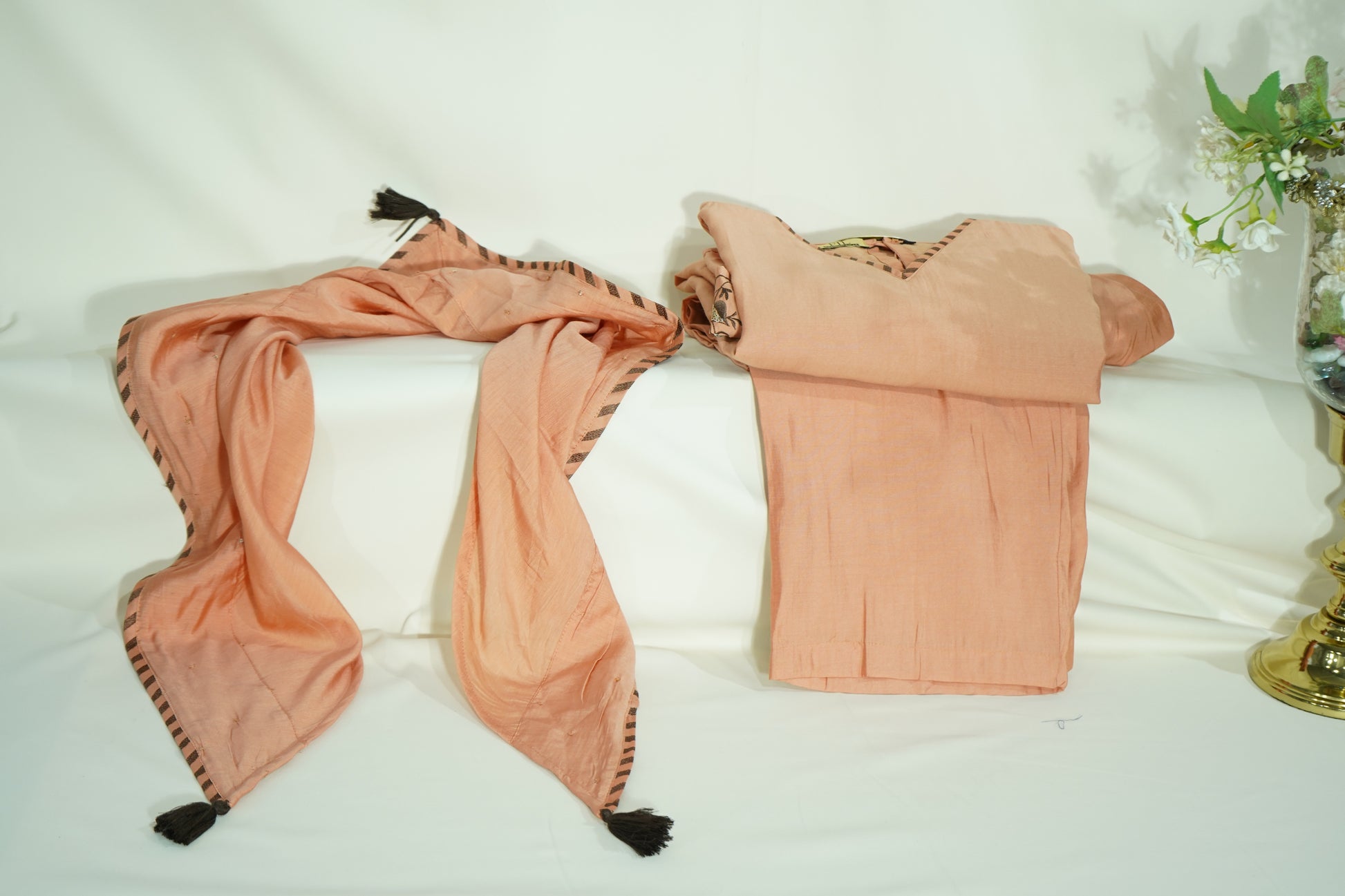 Peach Embroidered Coord Set(Top,Bottom,Scarf-Muslin)