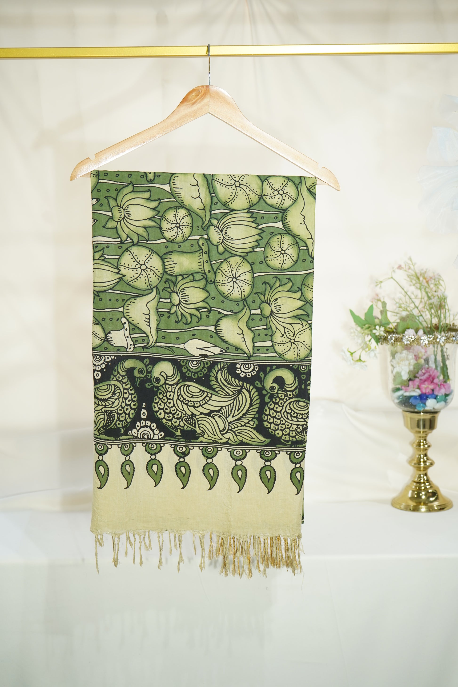 Premium Dark Green kalamkari Prints Pen Kalamkari Dupatta Fabric