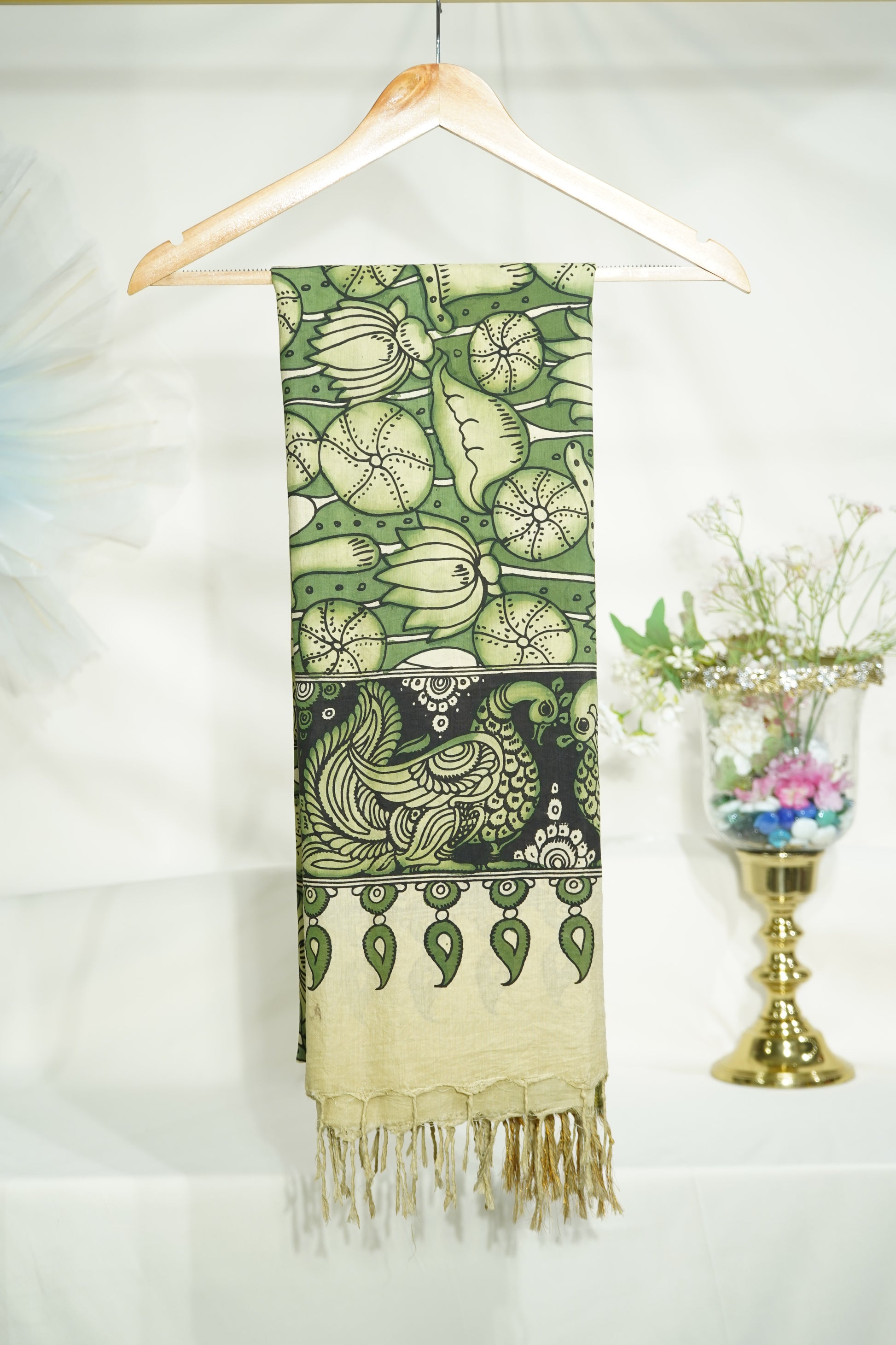 Premium Dark Green kalamkari Prints Pen Kalamkari Dupatta Fabric