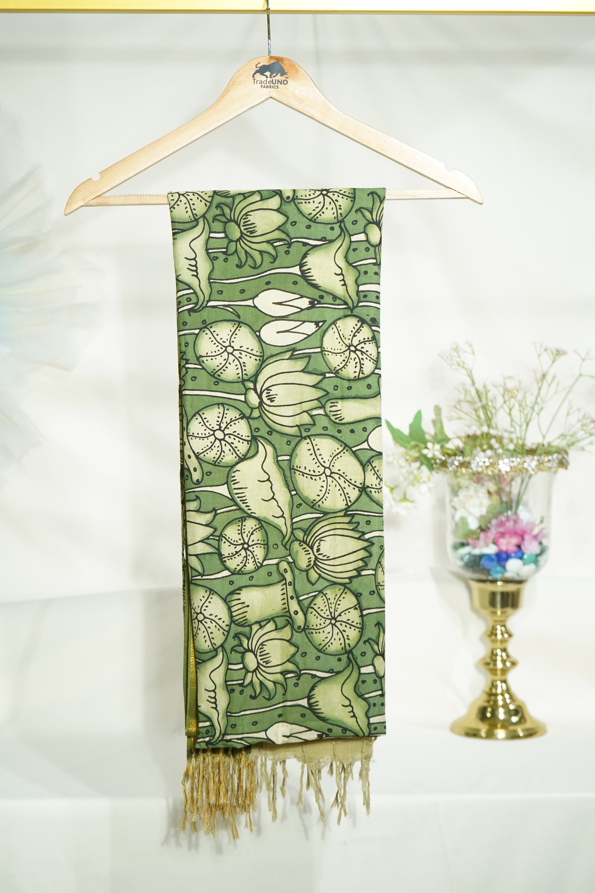 Premium Dark Green kalamkari Prints Pen Kalamkari Dupatta Fabric