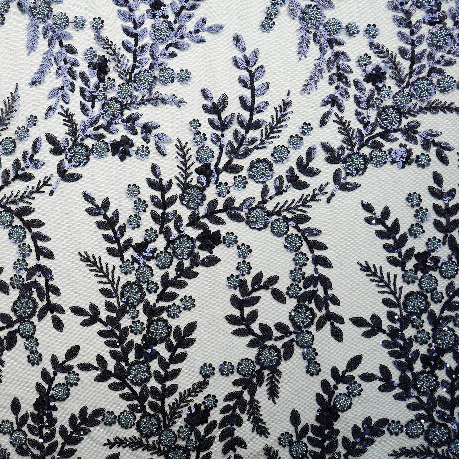 Blue Floral Sequence Handwork Embroidery Net Fabric