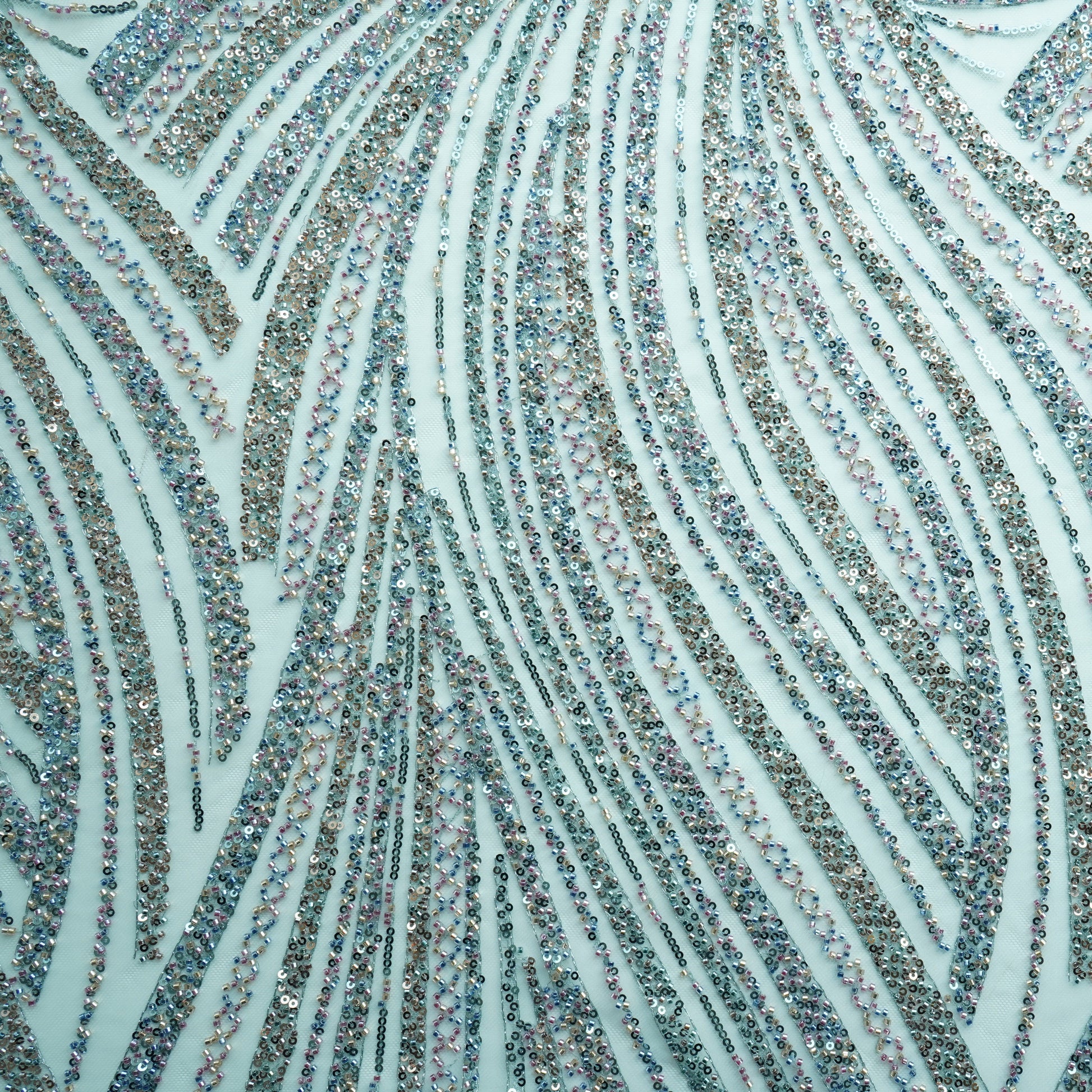 Mint Green Pearl Heavy Sequins Embroidery Net Fabric