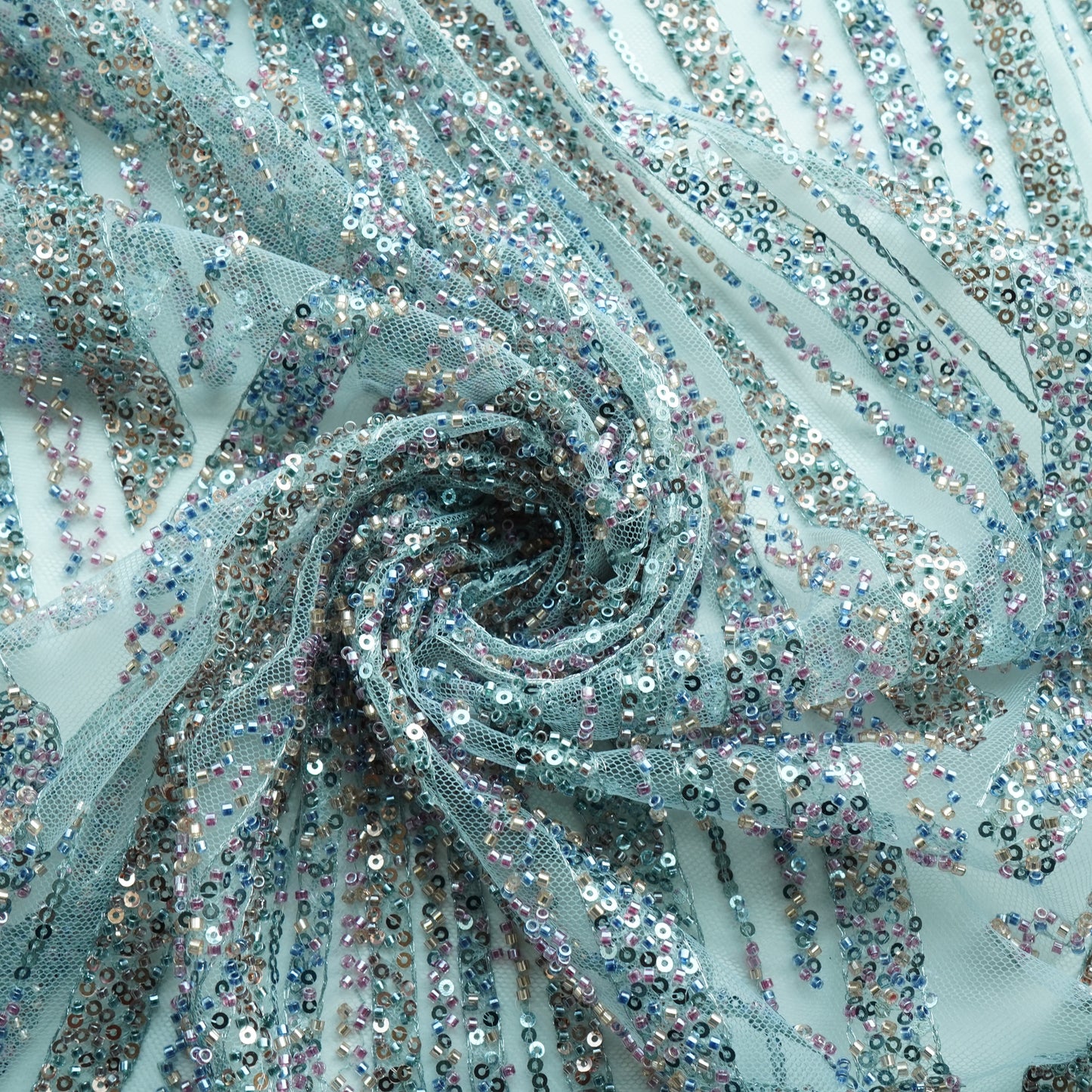 Mint Green Pearl Heavy Sequins Embroidery Net Fabric