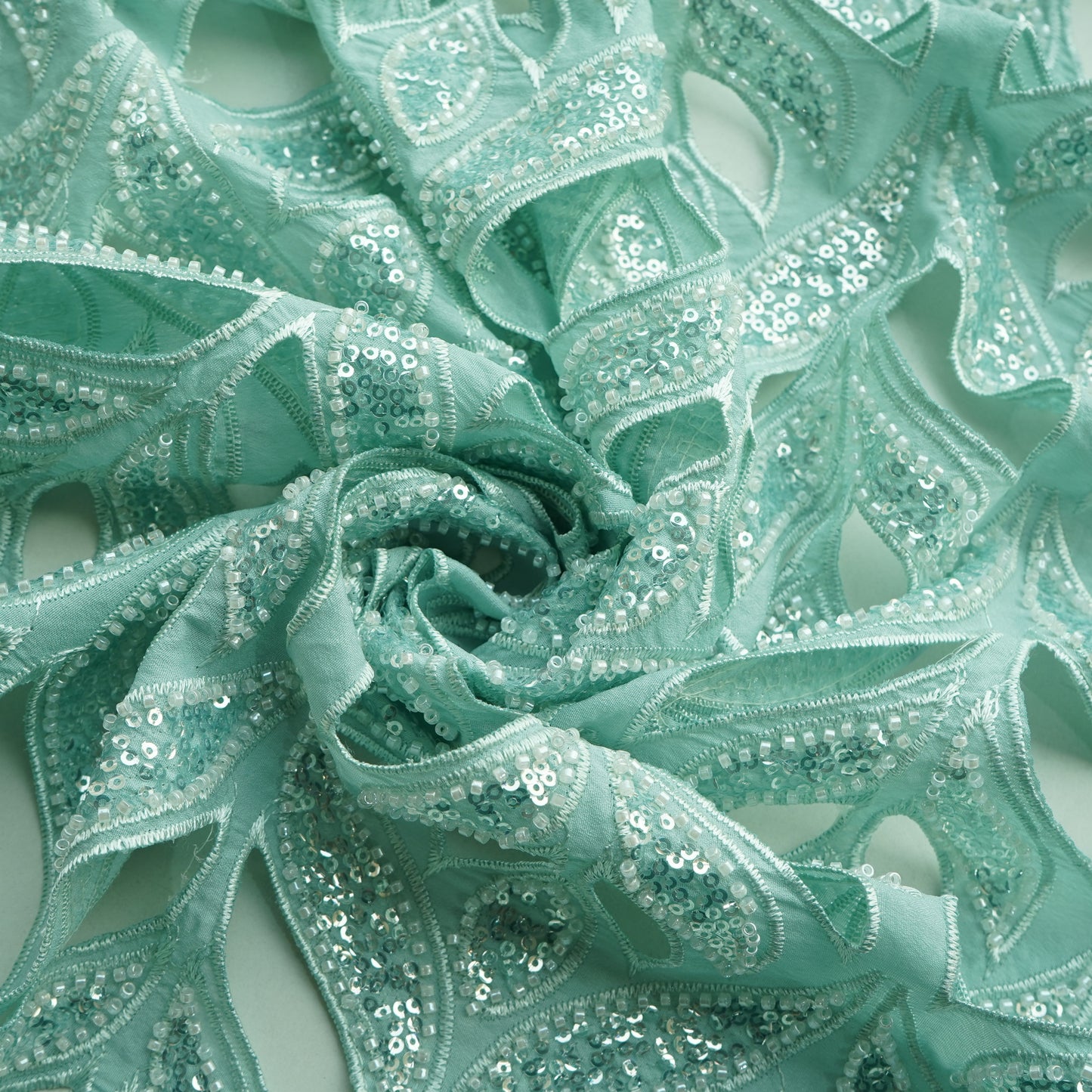 Sea Green Schiffli Sequins Embroidery Crepe