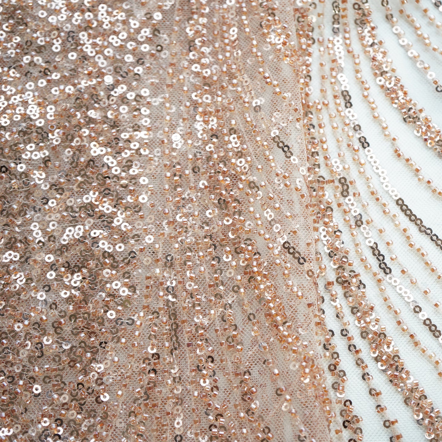 Peach Pink Pearl Heavy Sequins Embroidery Net Fabric