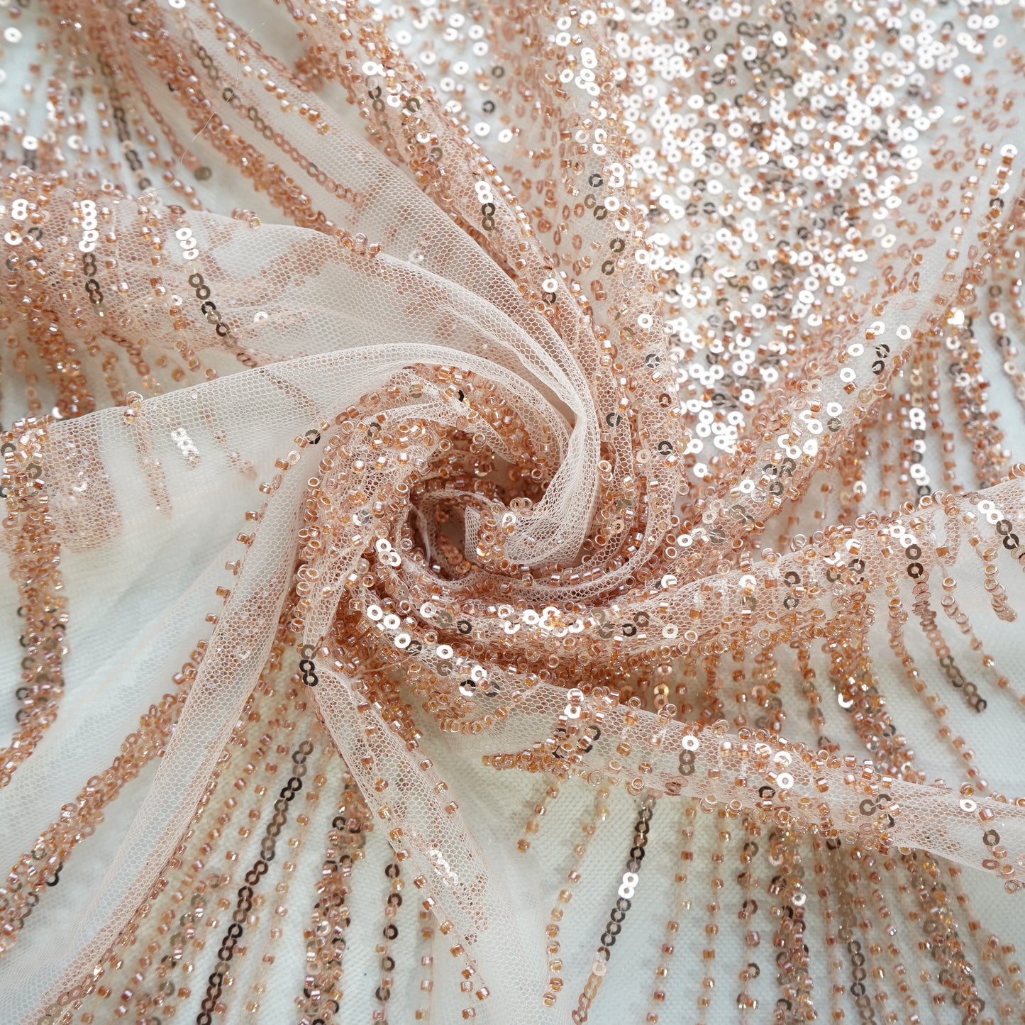 Peach Pink Pearl Heavy Sequins Embroidery Net Fabric