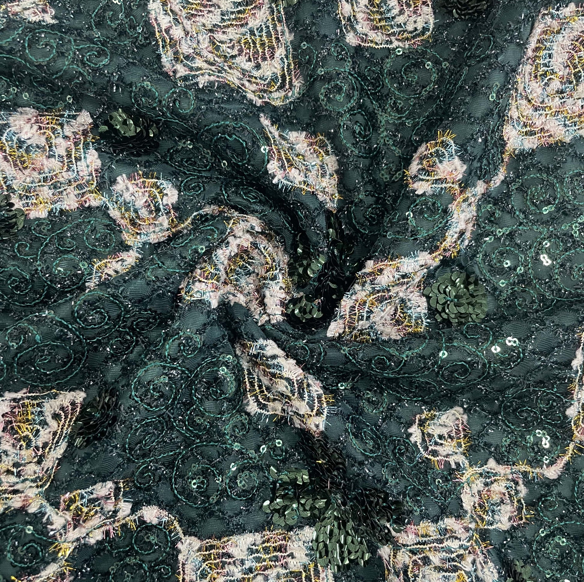 Green Floral Woolen Thread Embroidery Net 15047