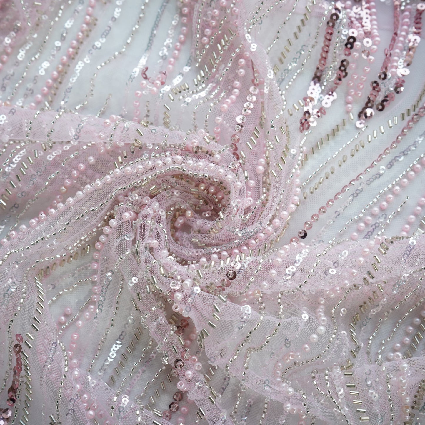 Baby Pink Pearl Sequins Cut Dana Embroidery Net Fabric