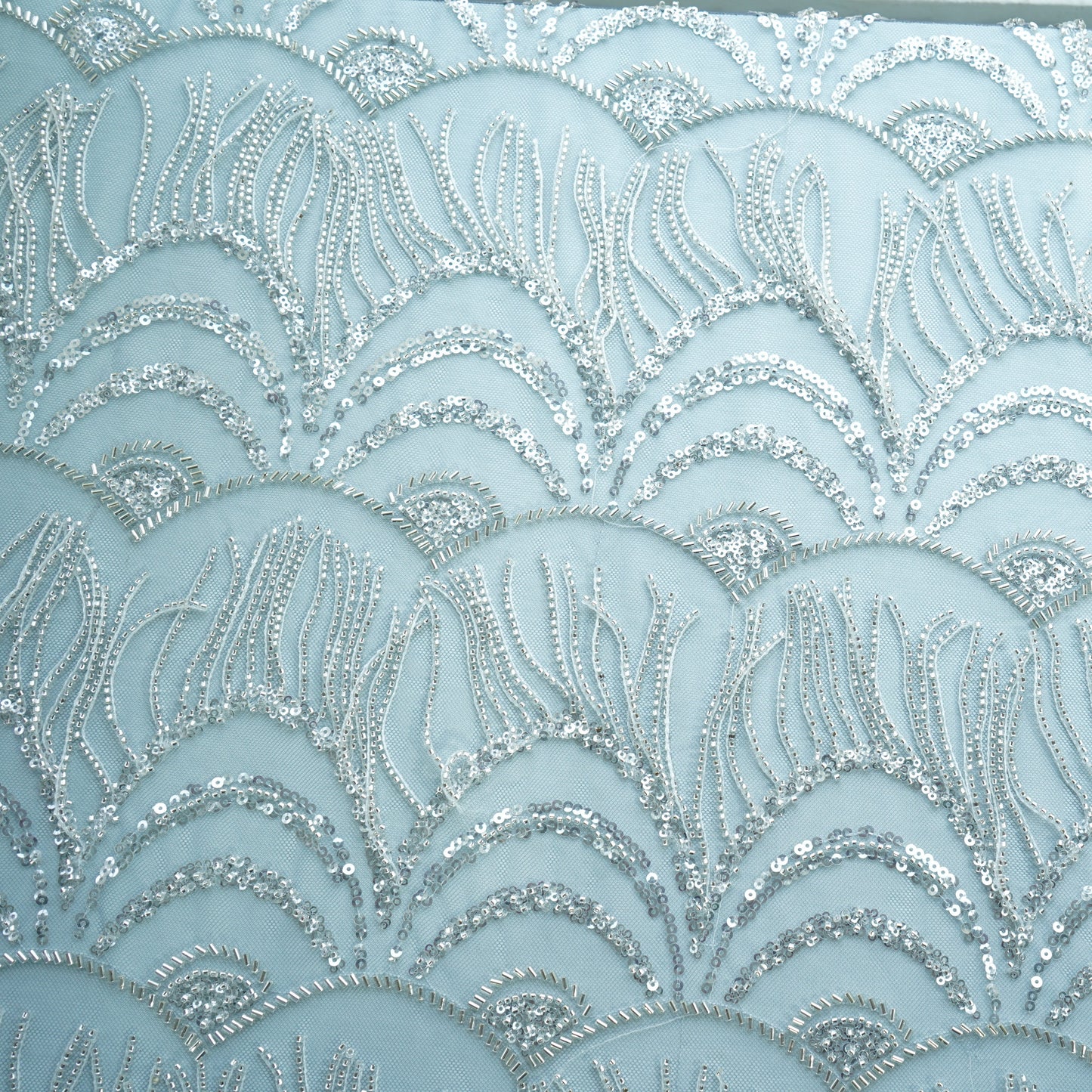 Teal Blue Cutdana Hanging Embroidery Net Fabric