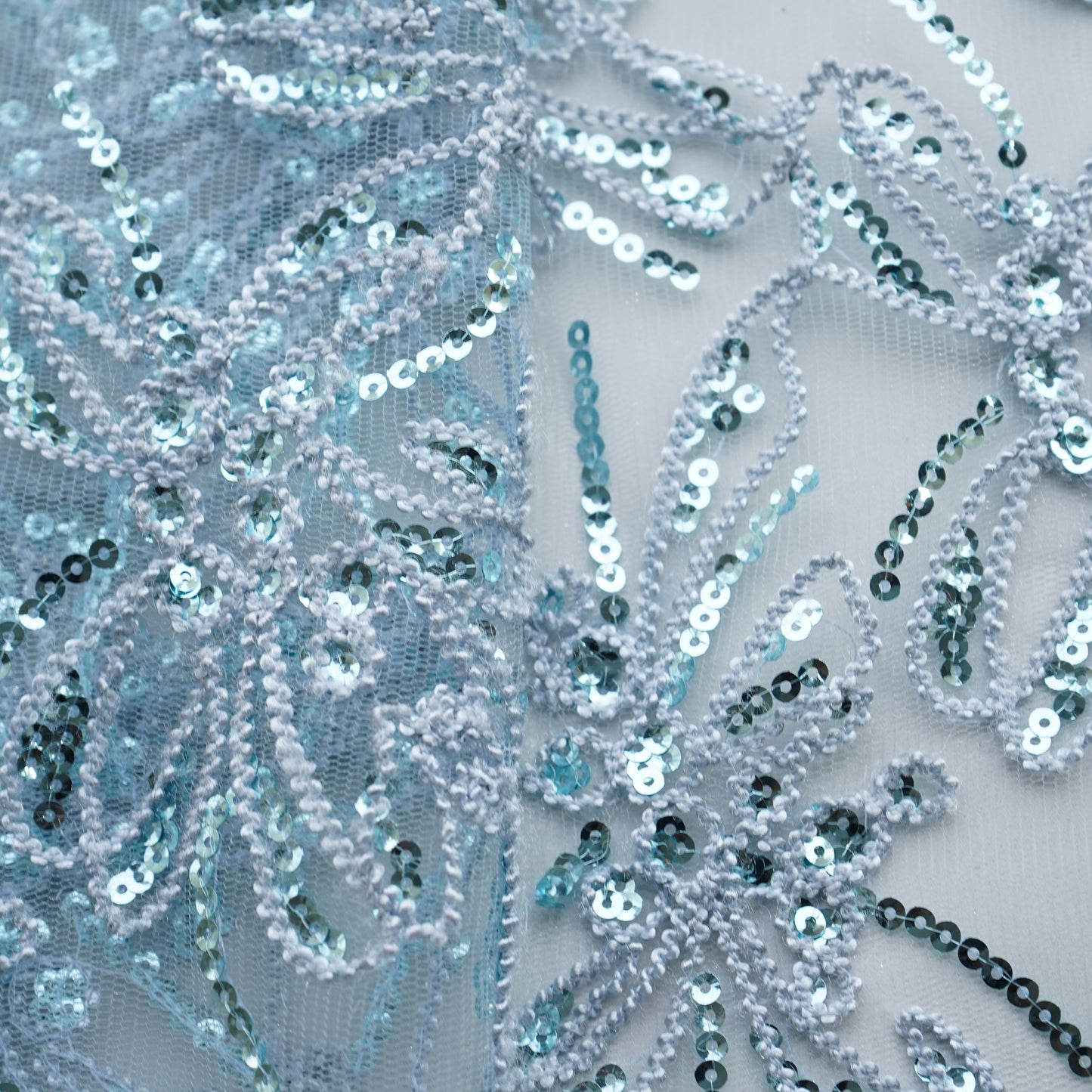 Sky Blue Thread Sequins Embroidery Net Fabric