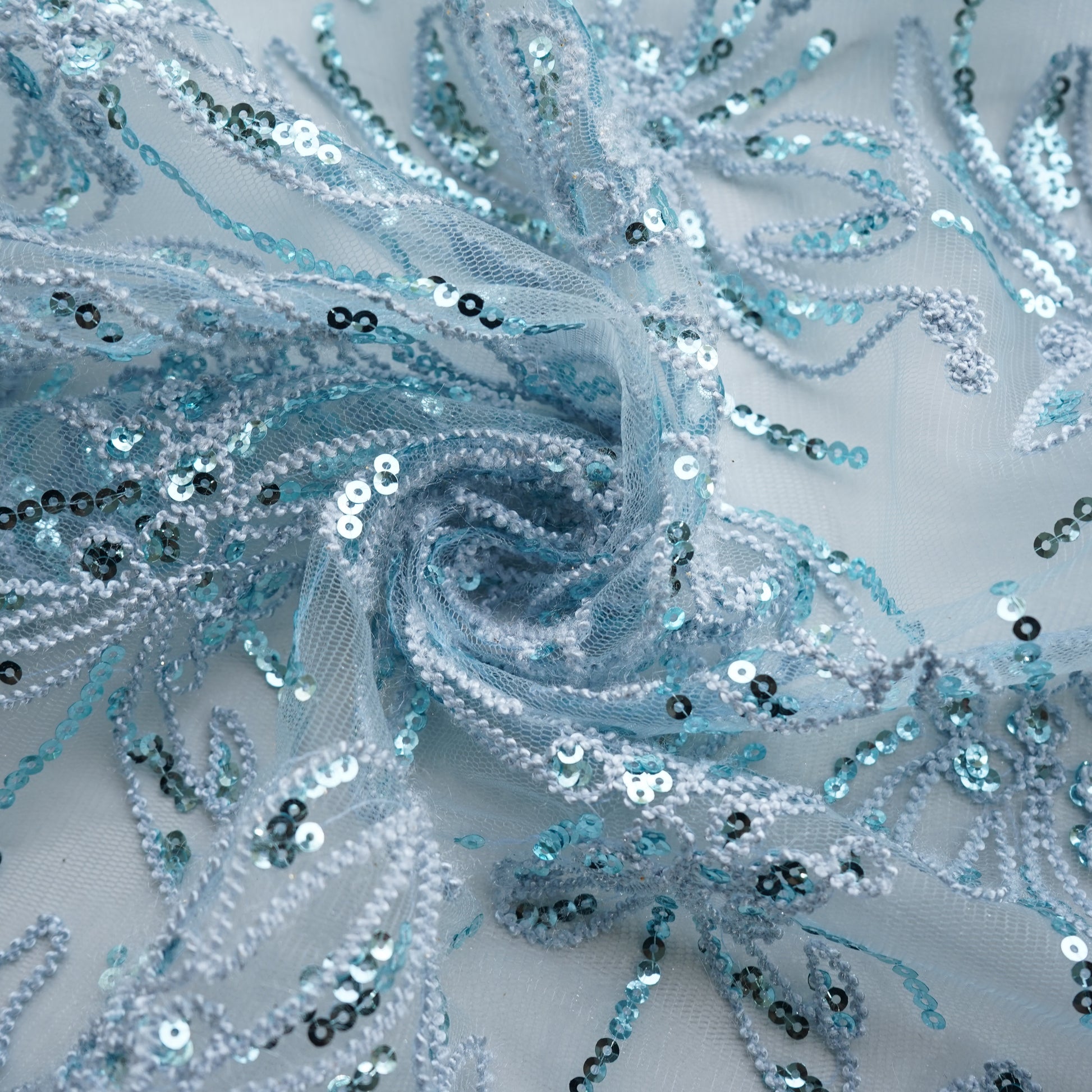 Sky Blue Thread Sequins Embroidery Net Fabric