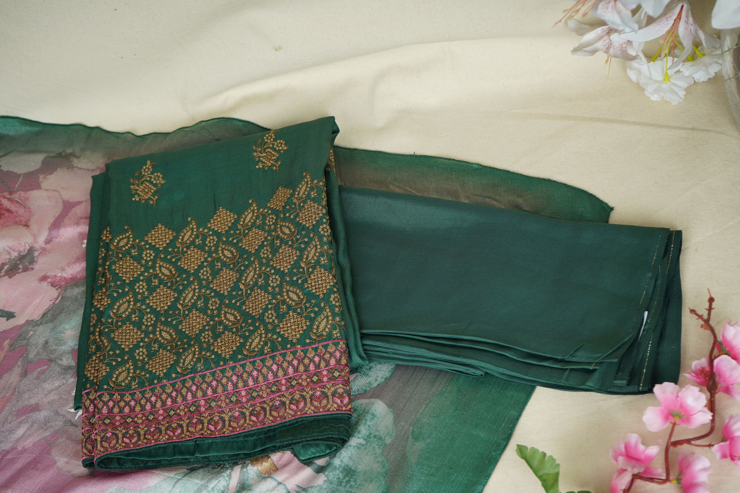 Green Sequins Embroidery Dola Silk Suit Set With Dupatta