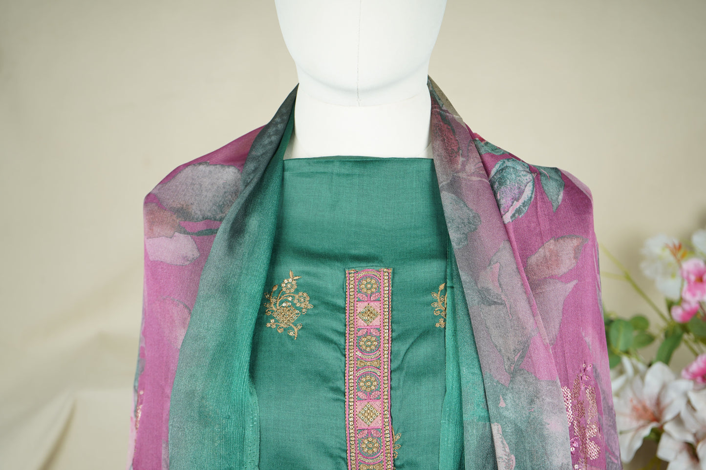 Green Sequins Embroidery Dola Silk Suit Set With Dupatta