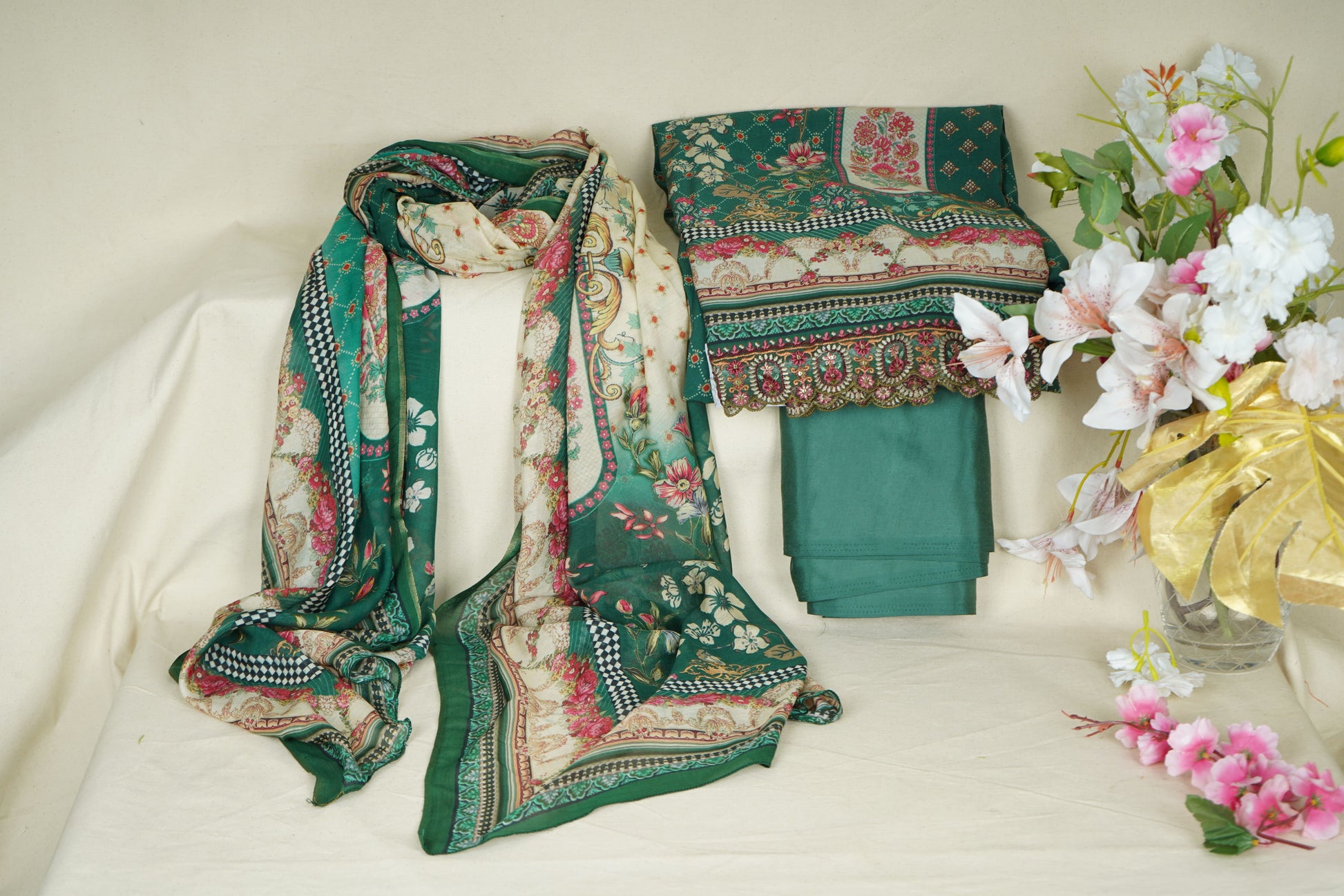 Green Multicolor Digital Print Fancy Embroidery Pure Muslin Suit Set With Dupatta