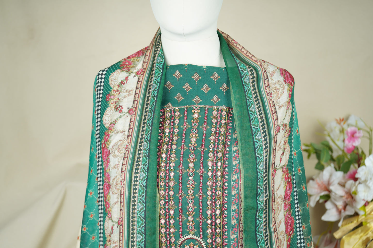 Green Multicolor Digital Print Fancy Embroidery Pure Muslin Suit Set With Dupatta