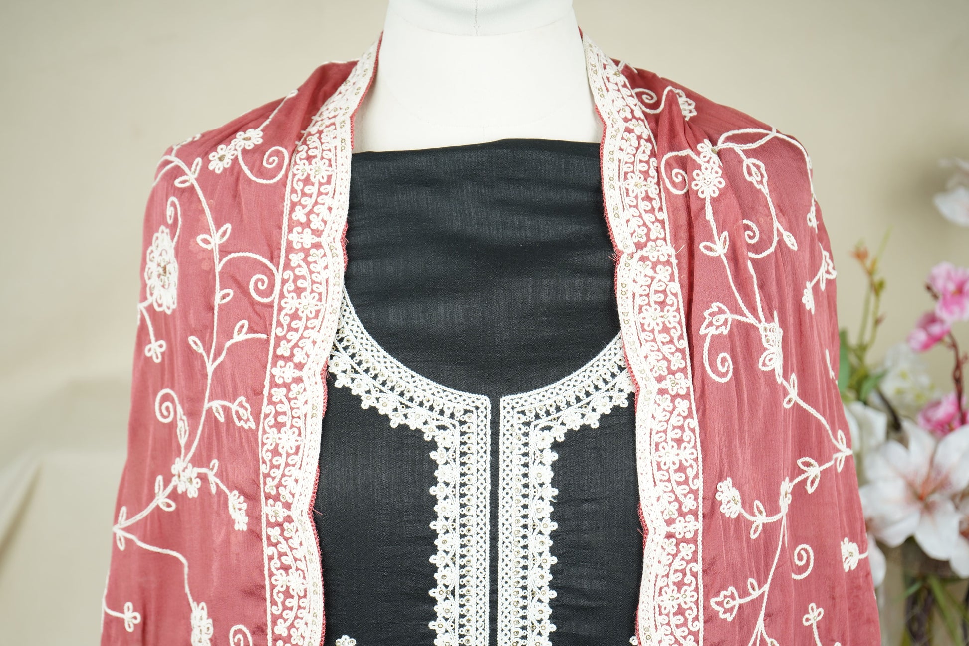 Black Red Chikankari Embroidery Pure Chinnon Suit Set With Dupatta