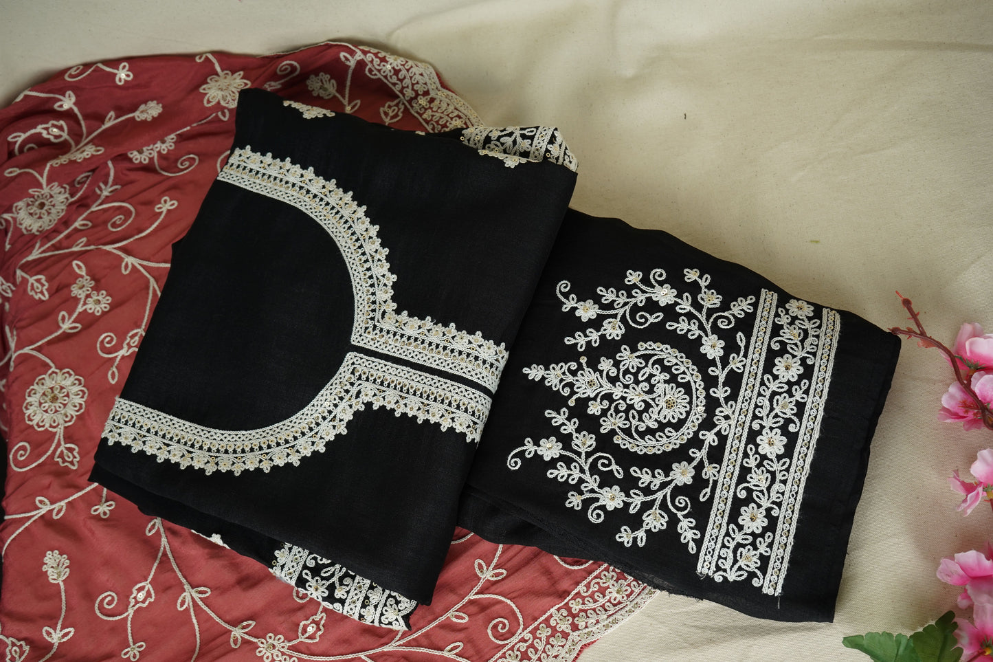 Black Red Chikankari Embroidery Pure Chinnon Suit Set With Dupatta