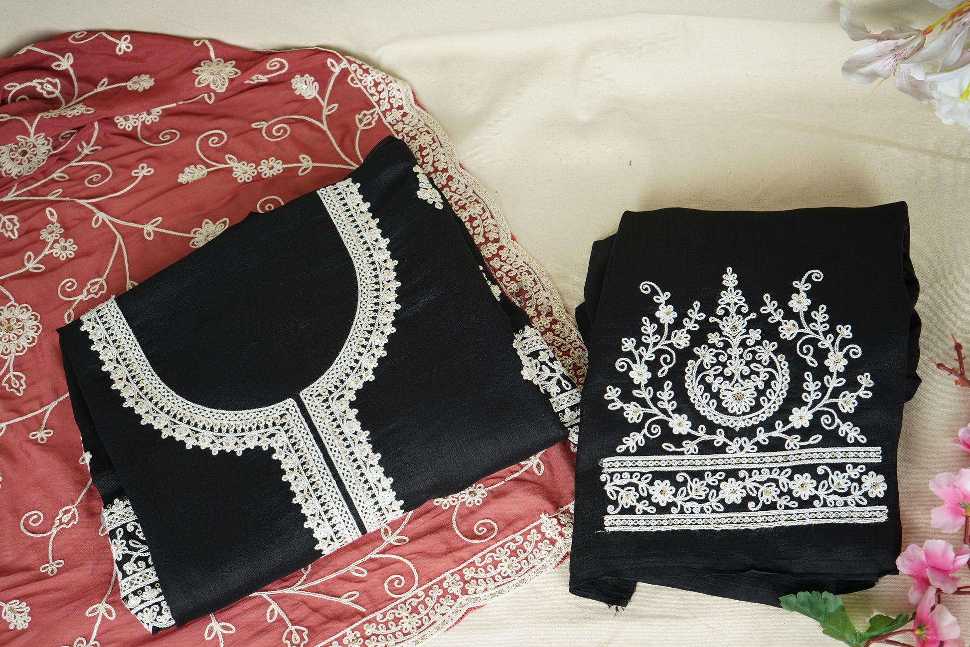 Black Red Chikankari Embroidery Pure Chinnon Suit Set With Dupatta