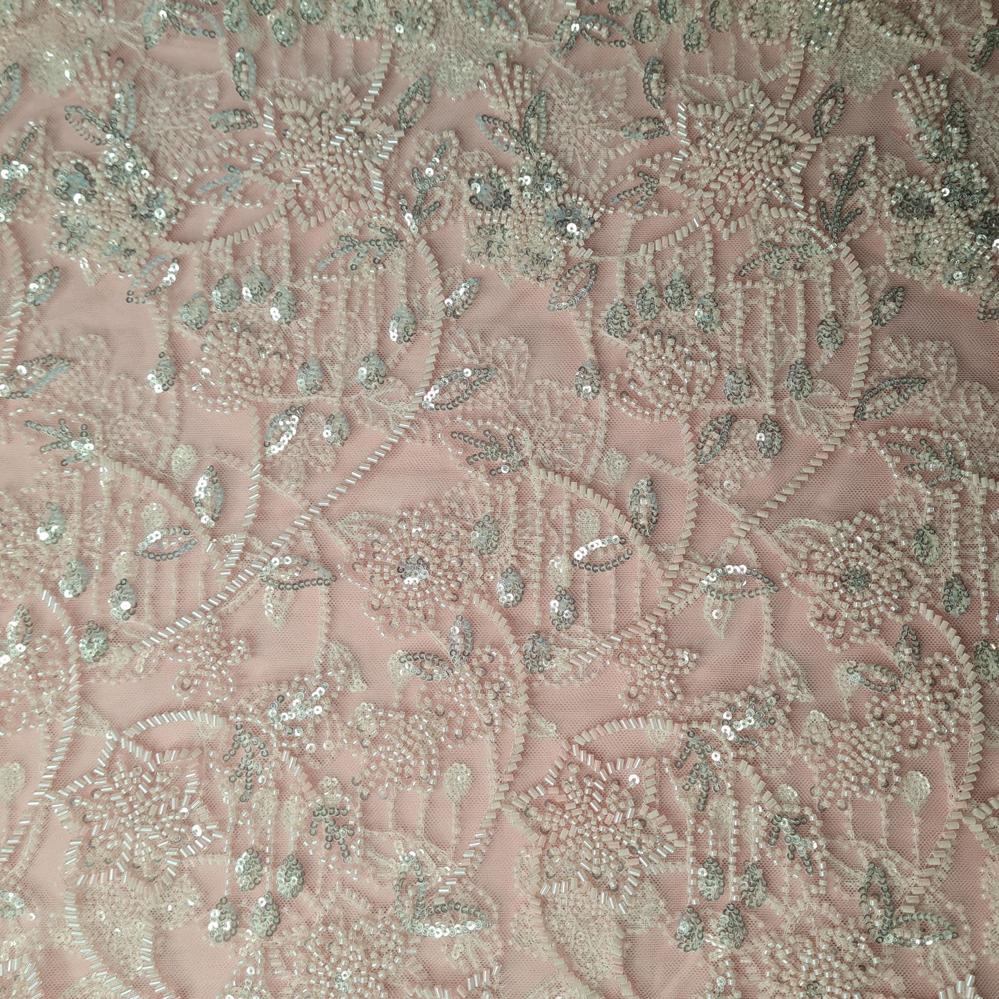 Premium Net Baby Pink Floral CutDana Sequins Embroidery Fabric