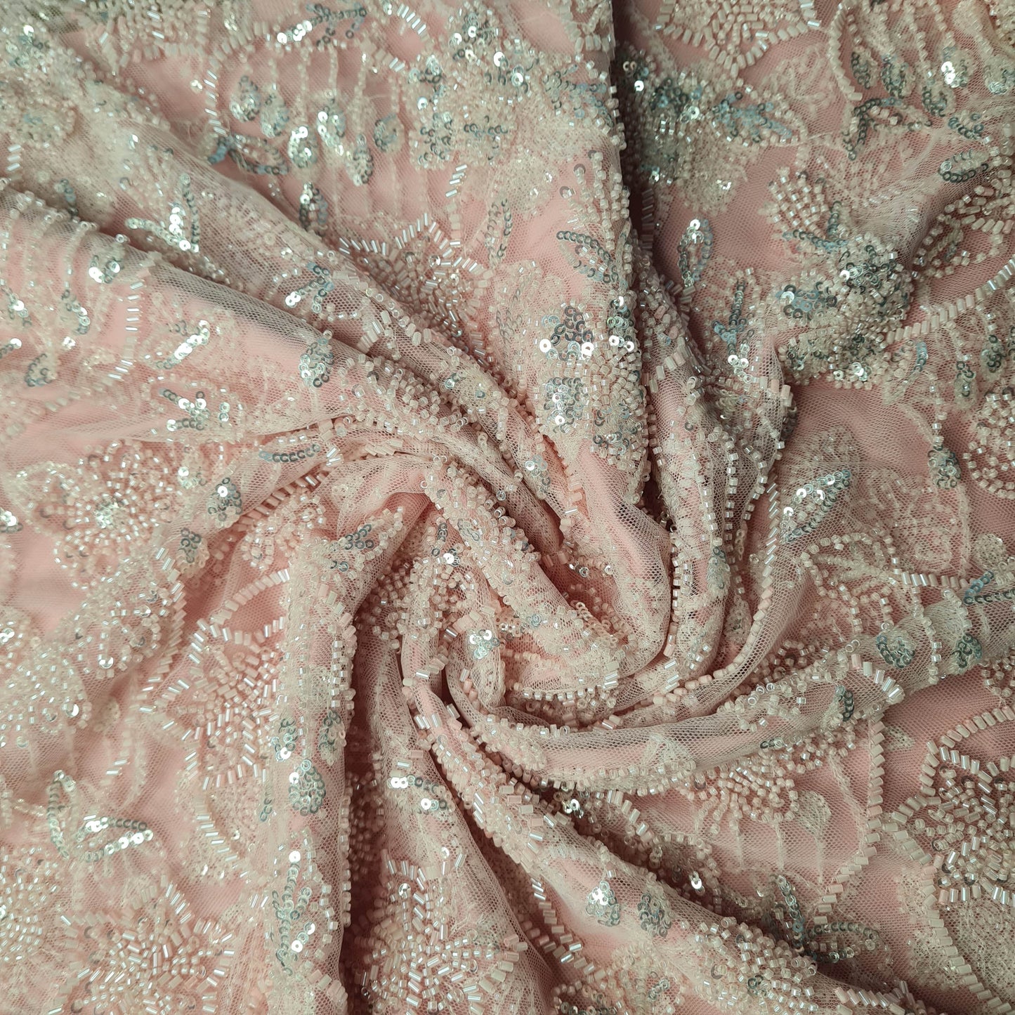 Premium Net Baby Pink Floral CutDana Sequins Embroidery Fabric