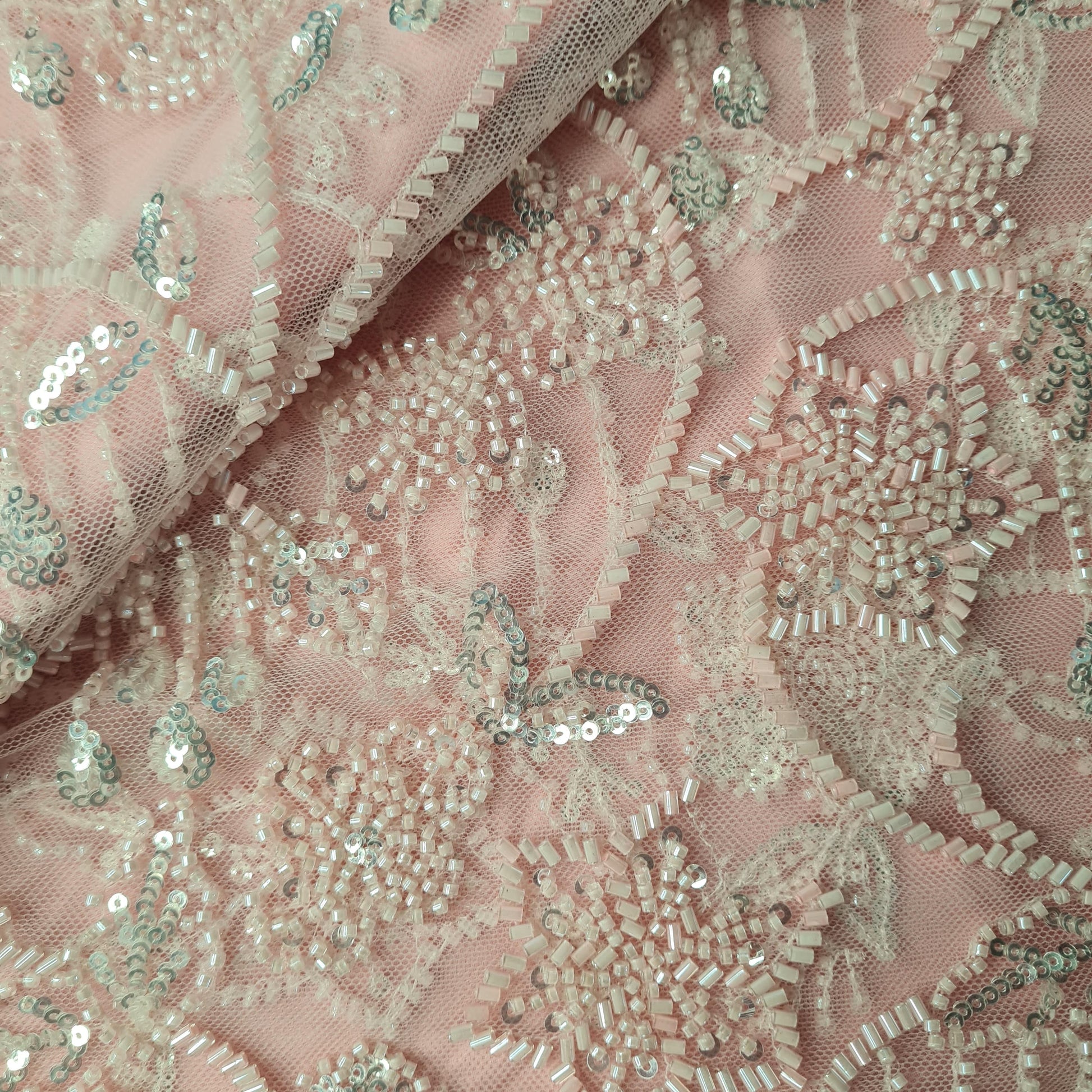 Premium Net Baby Pink Floral CutDana Sequins Embroidery Fabric