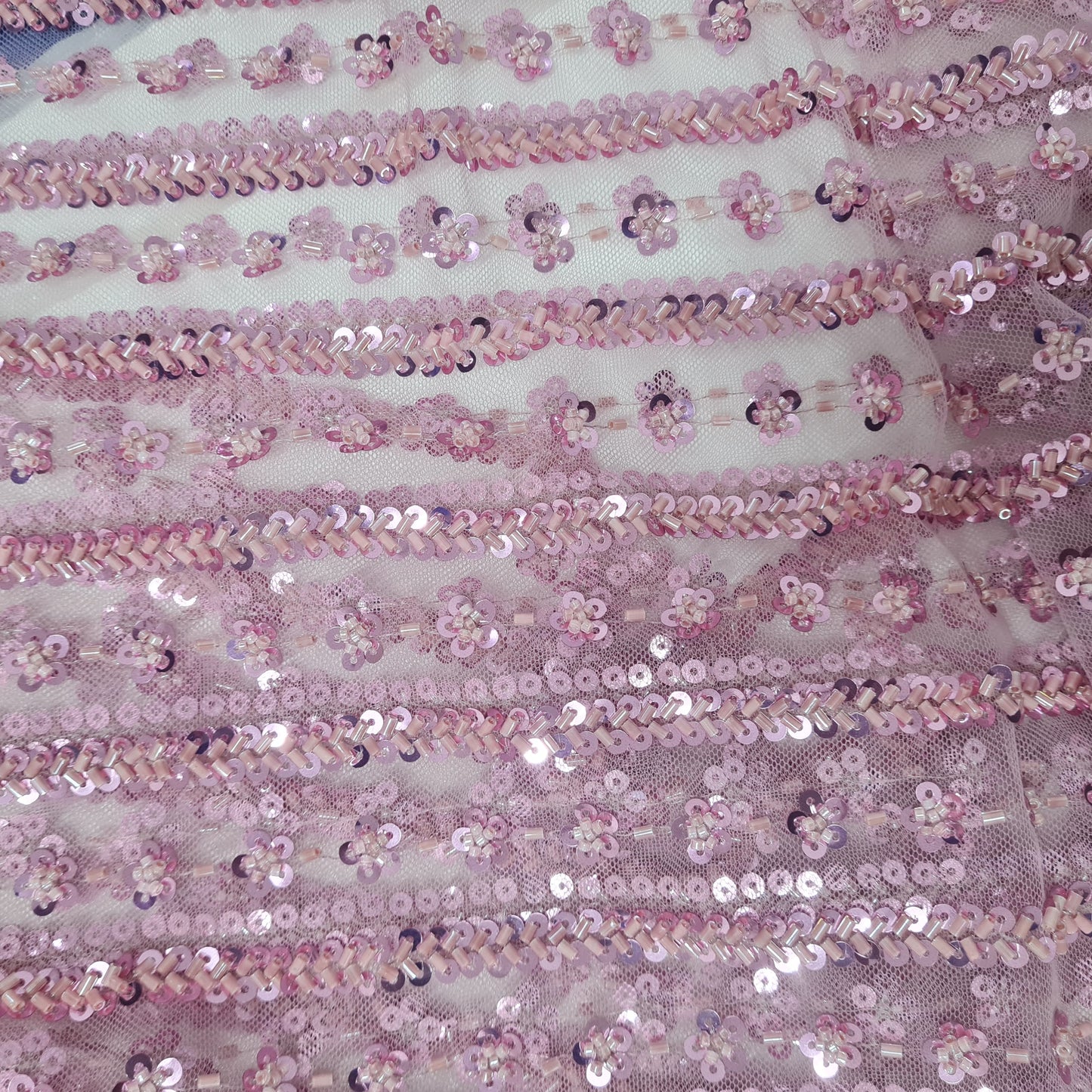 Pink Stripes CutDana Sequins Embroidery Net Fabric