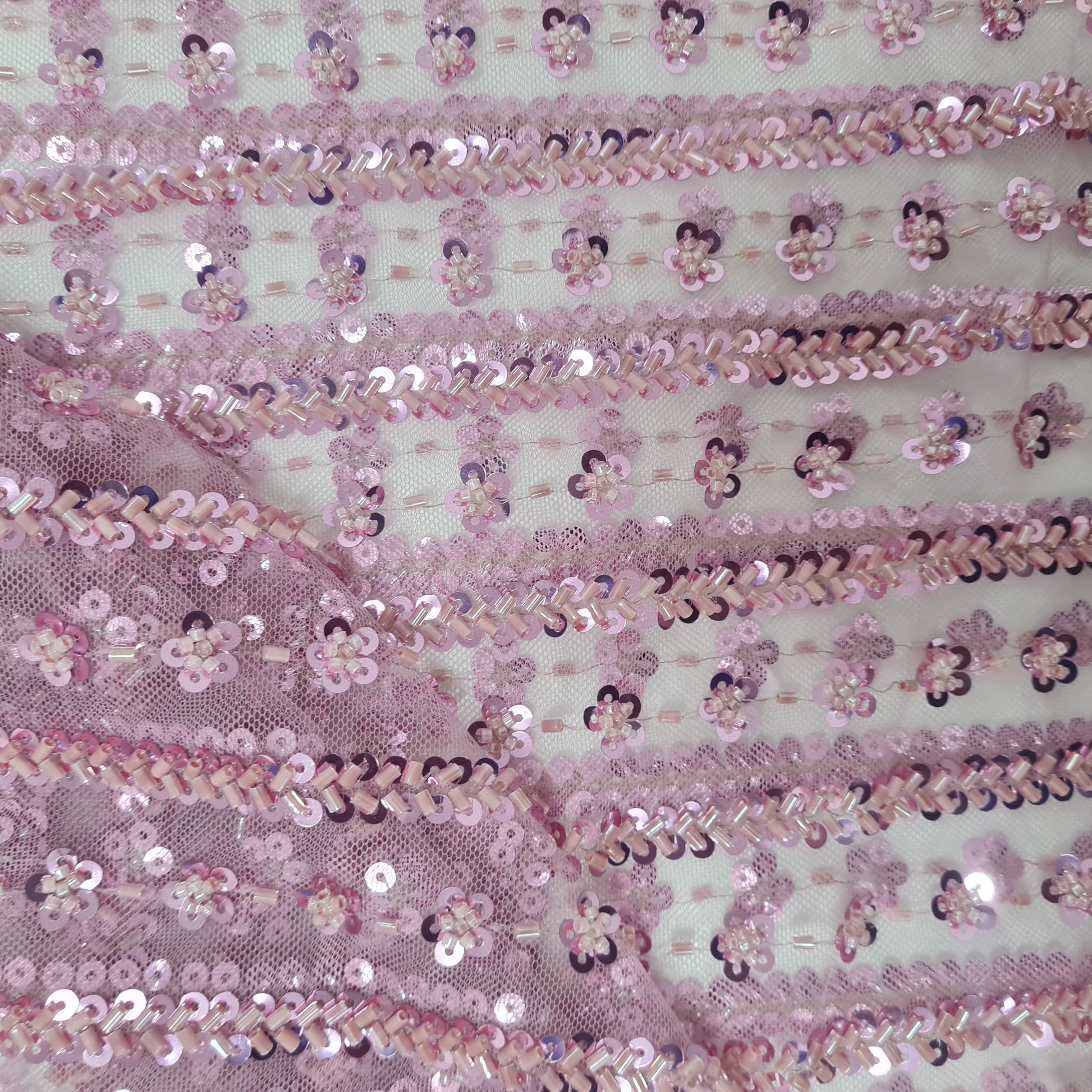 Pink Stripes CutDana Sequins Embroidery Net Fabric