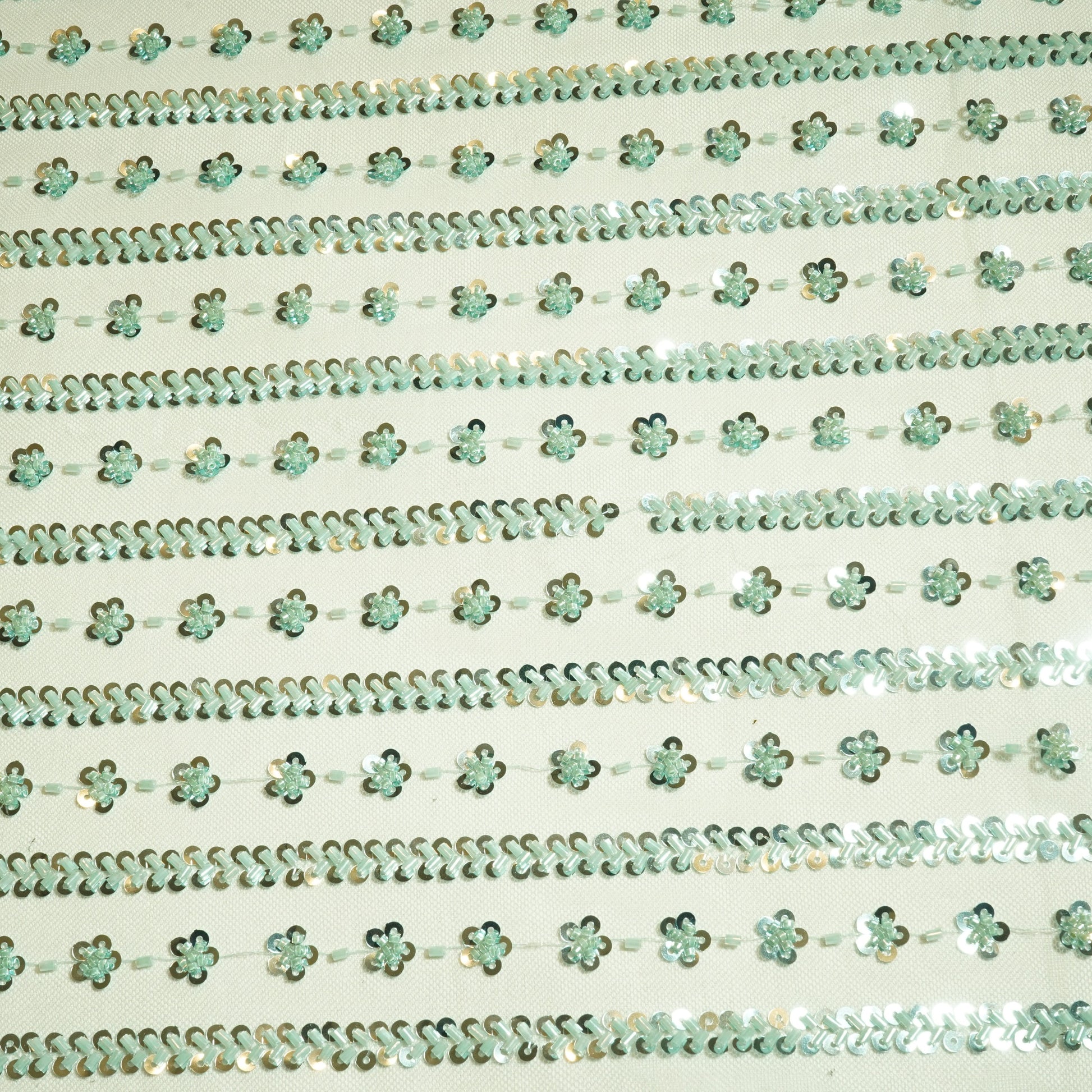 Sage Green Stripes CutDana Sequins Embroidery Net Fabric