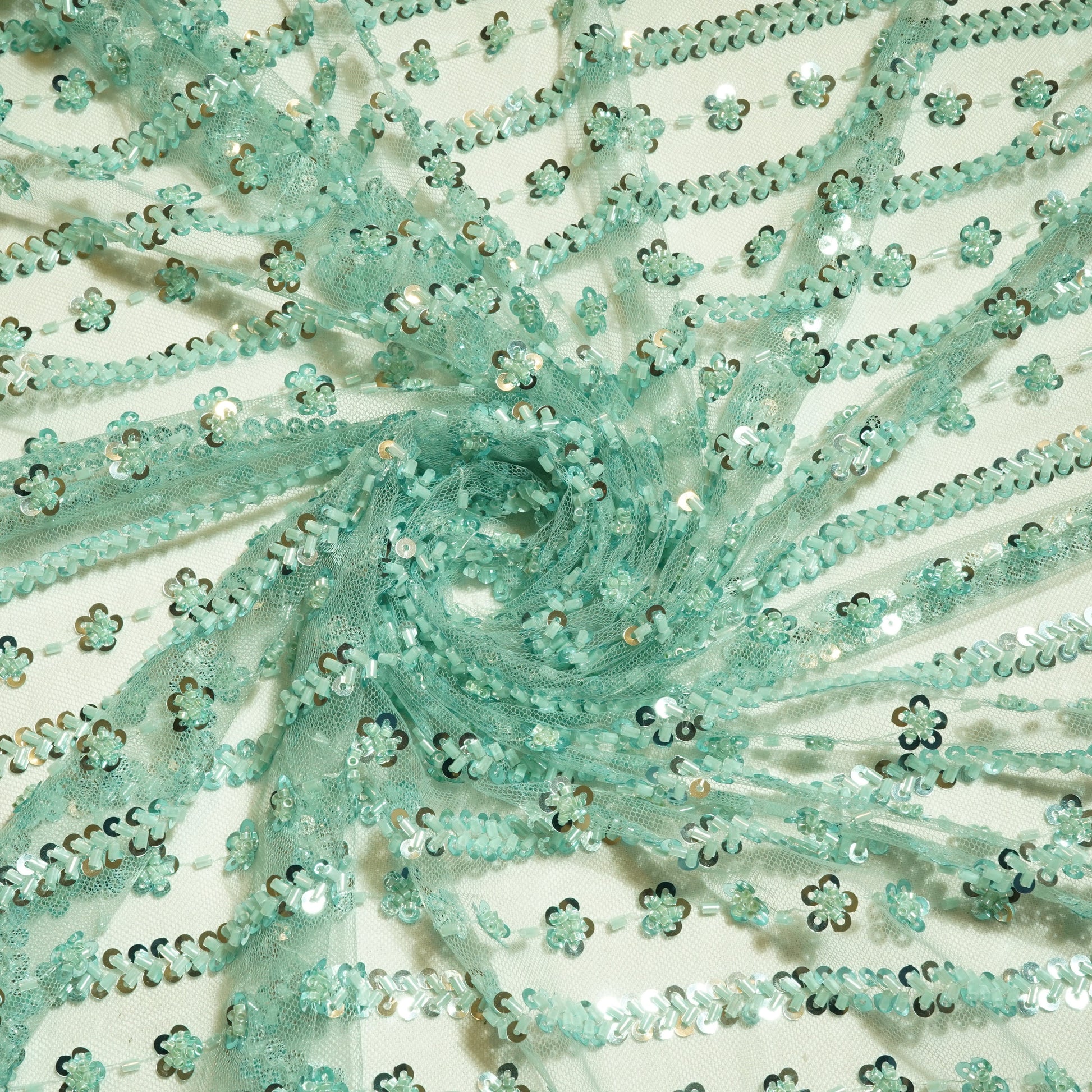 Sage Green Stripes CutDana Sequins Embroidery Net Fabric