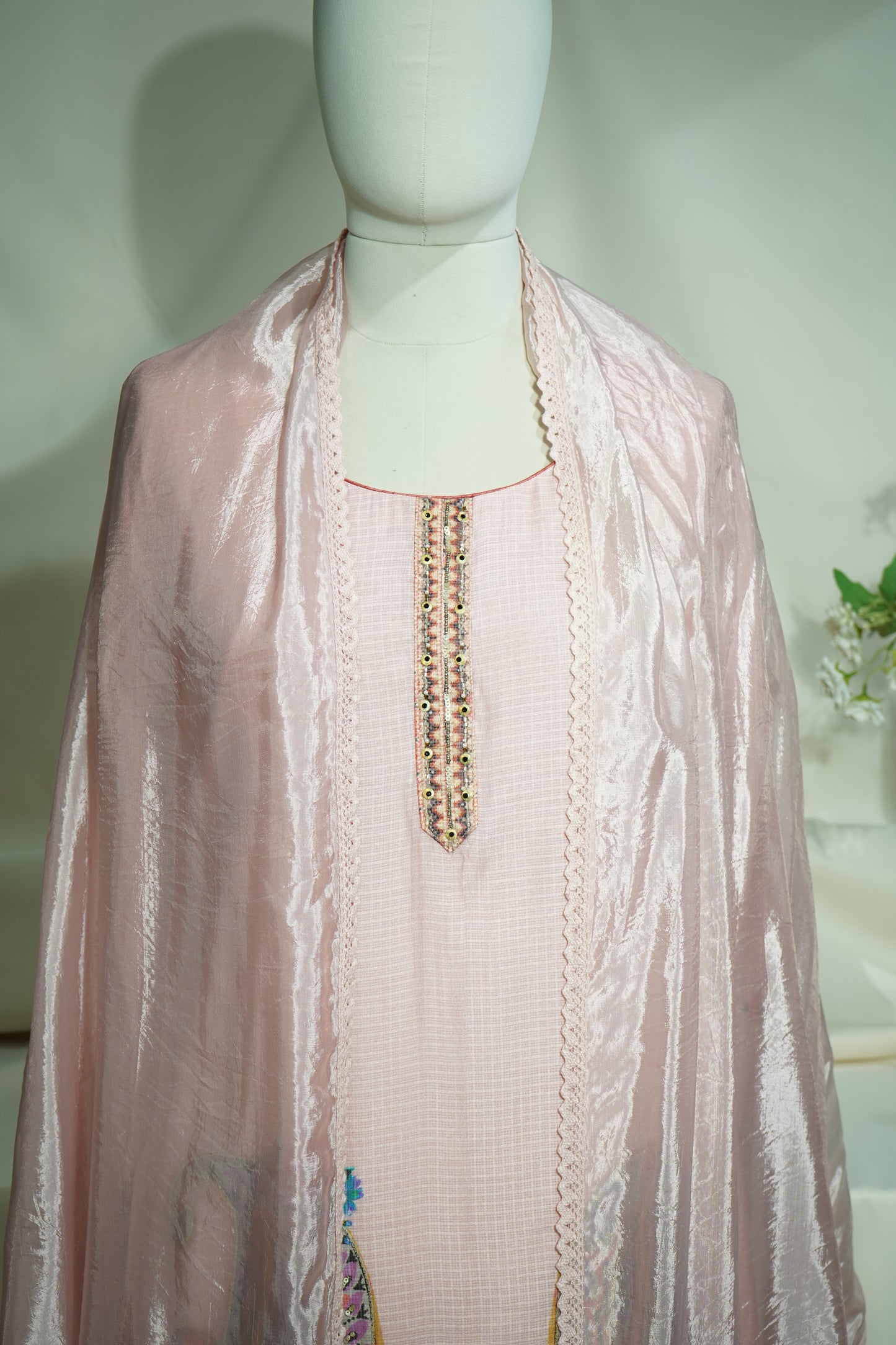 Baby Pink Cutdana Embroidery Suit Set With Dupatta (Top-Cotton Silk, Bottom-Muslin, Dupatta-silk)