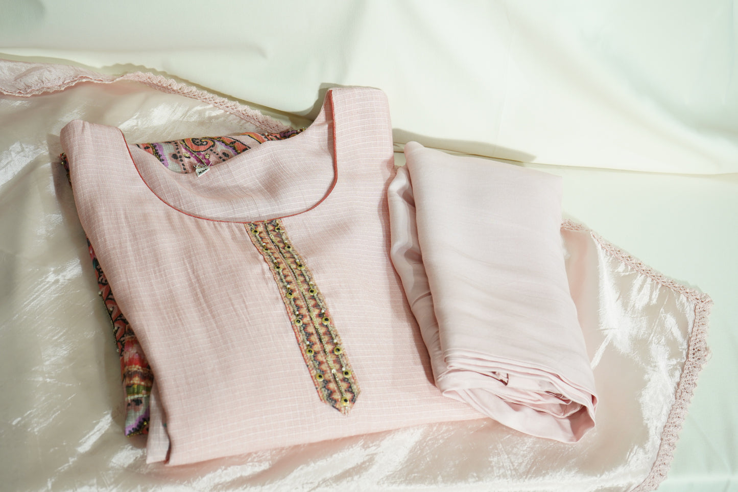 Baby Pink Cutdana Embroidery Suit Set With Dupatta (Top-Cotton Silk, Bottom-Muslin, Dupatta-silk)