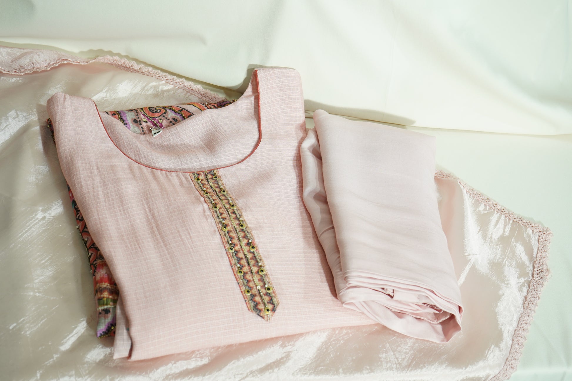 Baby Pink Cutdana Embroidery Suit Set With Dupatta (Top-Cotton Silk, Bottom-Muslin, Dupatta-silk)