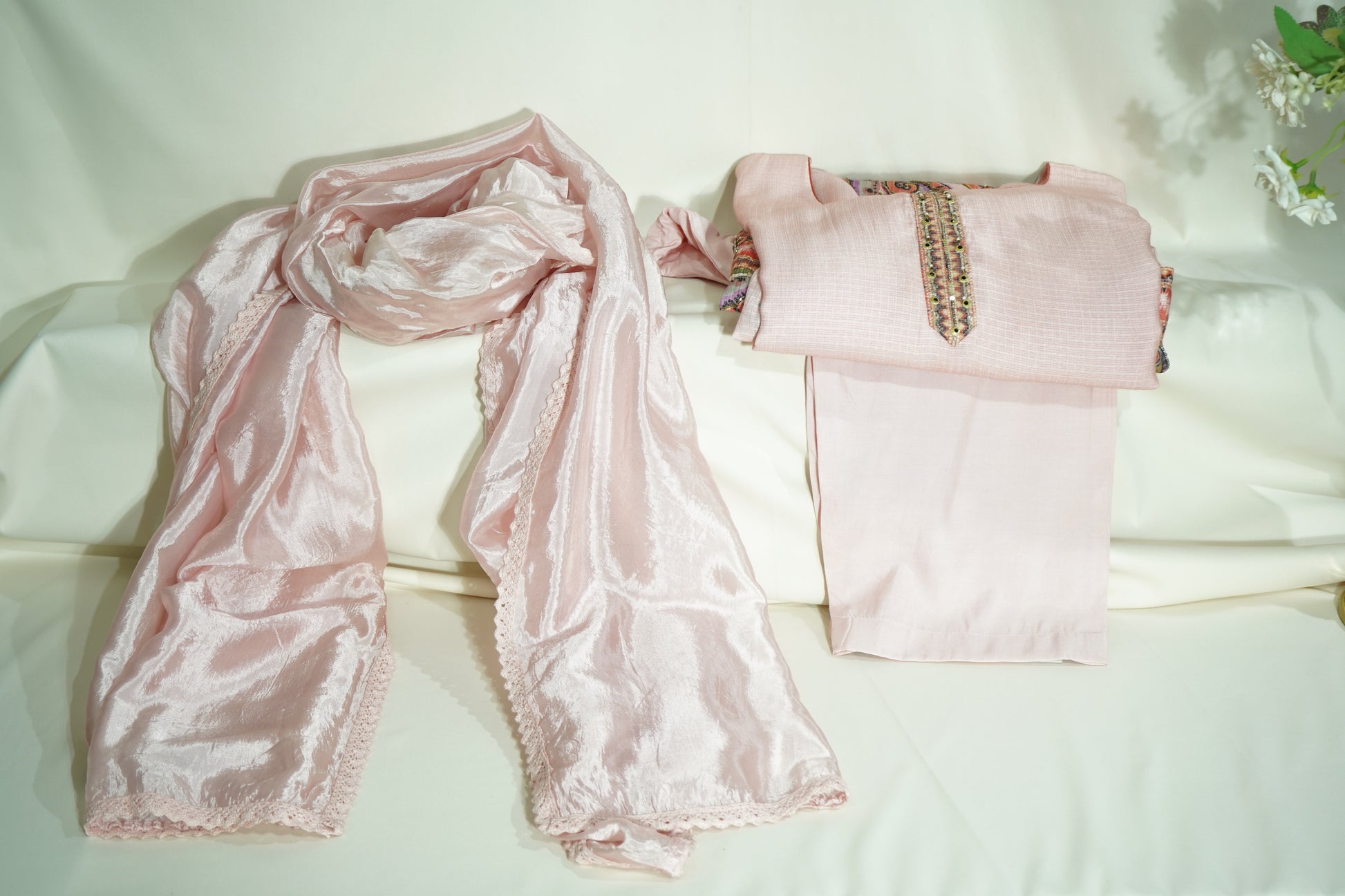 Baby Pink Cutdana Embroidery Suit Set With Dupatta (Top-Cotton Silk, Bottom-Muslin, Dupatta-silk)