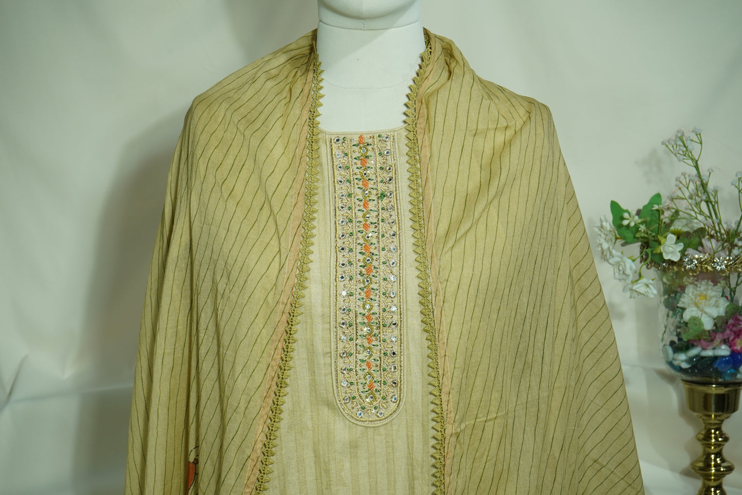 Exclusive Suit Set With Dupatta (Top-Linen, Bottom- Linen, Dupatta-Mulmul) Golden Sequins Beads Embroidery Fabric