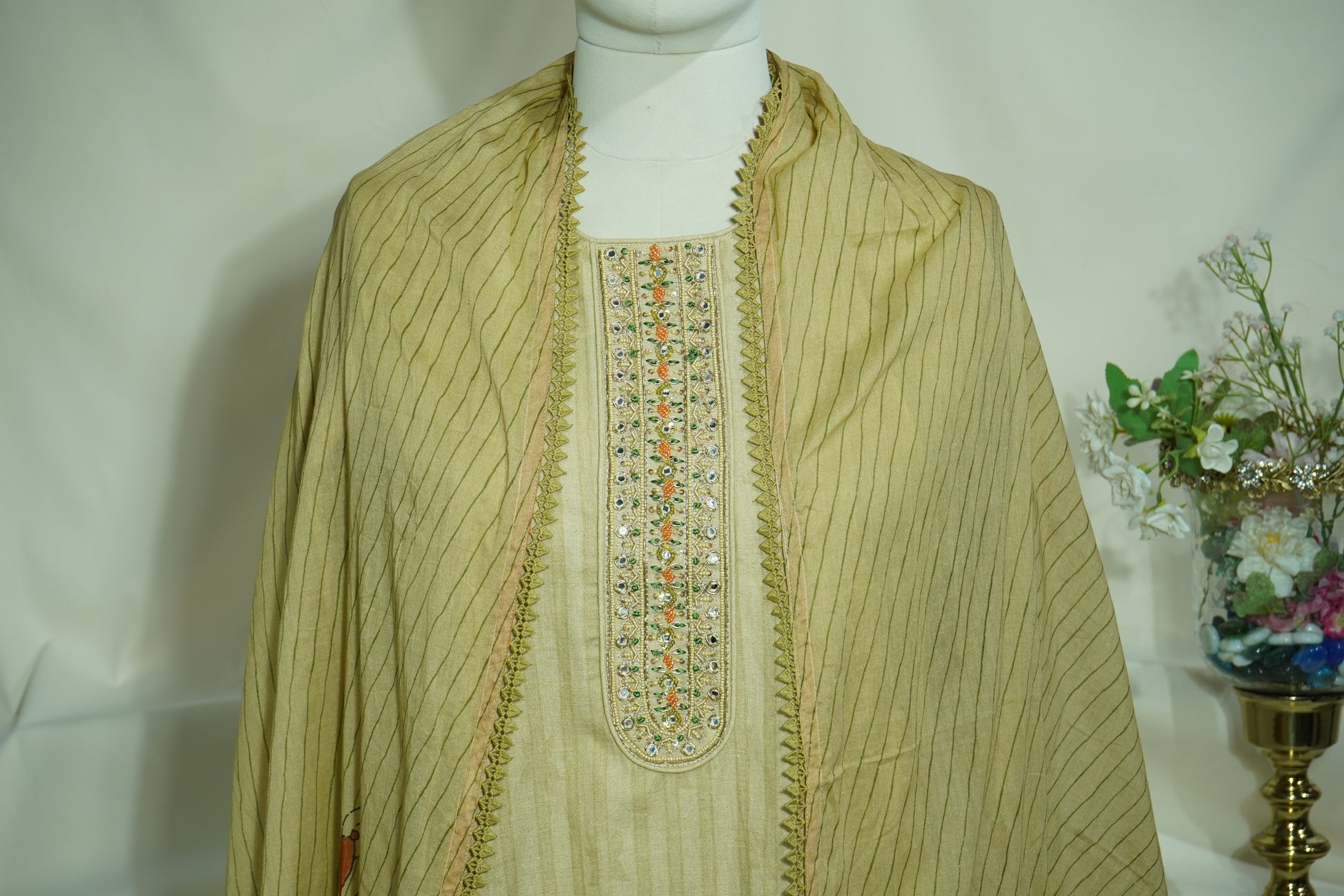 Exclusive Suit Set With Dupatta (Top-Linen, Bottom- Linen, Dupatta-Mulmul) Golden Sequins Beads Embroidery Fabric