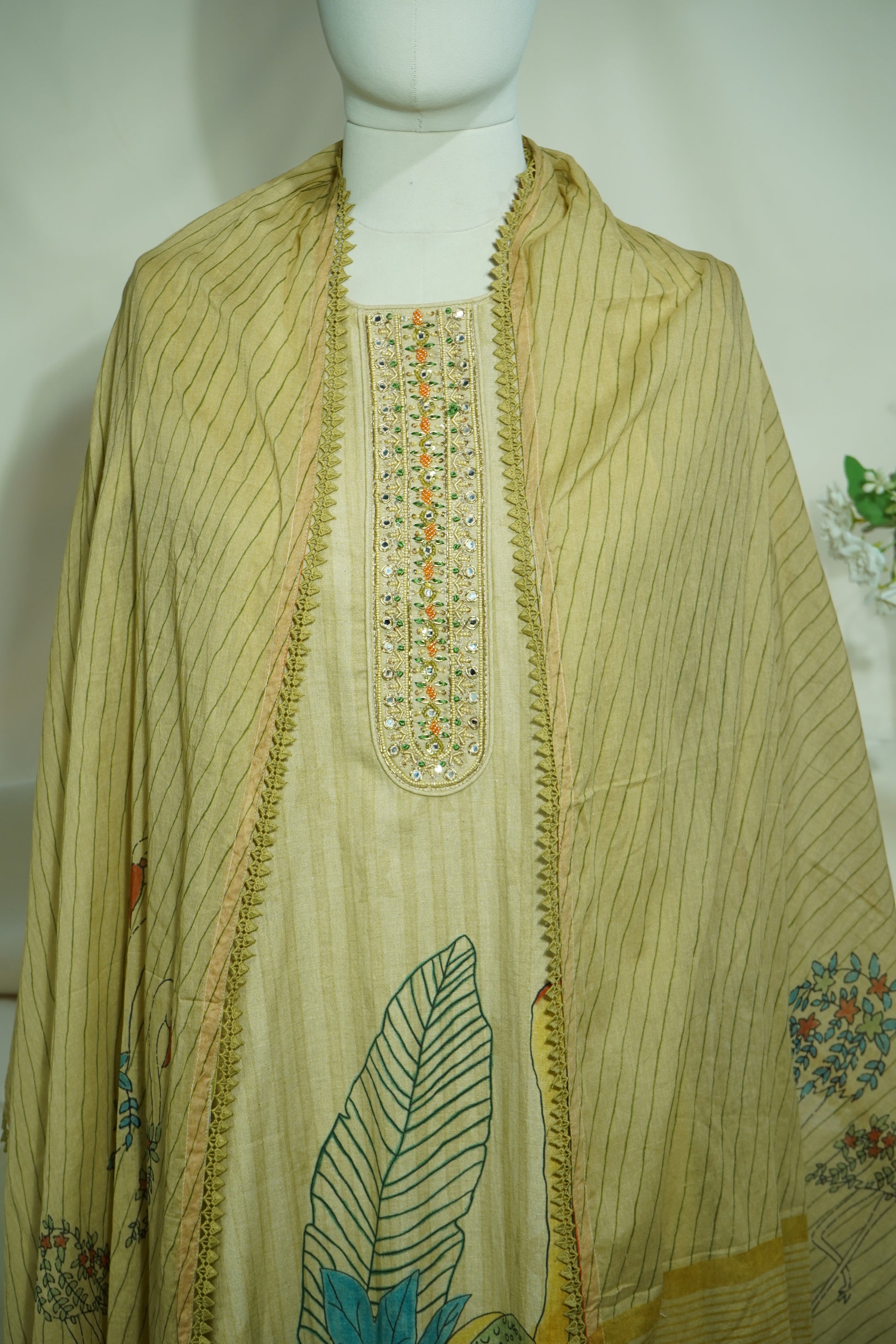 Exclusive Suit Set With Dupatta (Top-Linen, Bottom- Linen, Dupatta-Mulmul) Golden Sequins Beads Embroidery Fabric