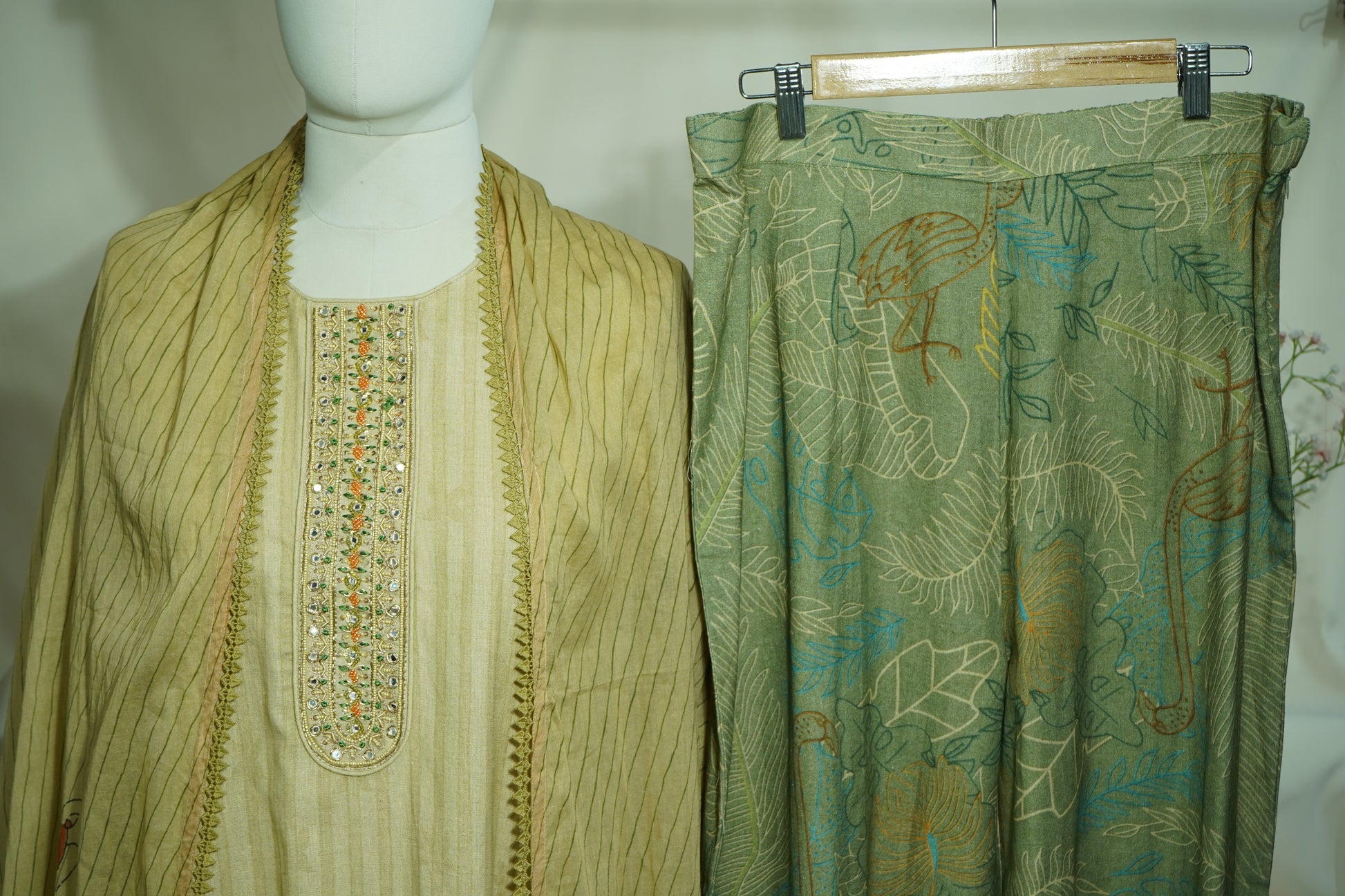 Exclusive Suit Set With Dupatta (Top-Linen, Bottom- Linen, Dupatta-Mulmul) Golden Sequins Beads Embroidery Fabric