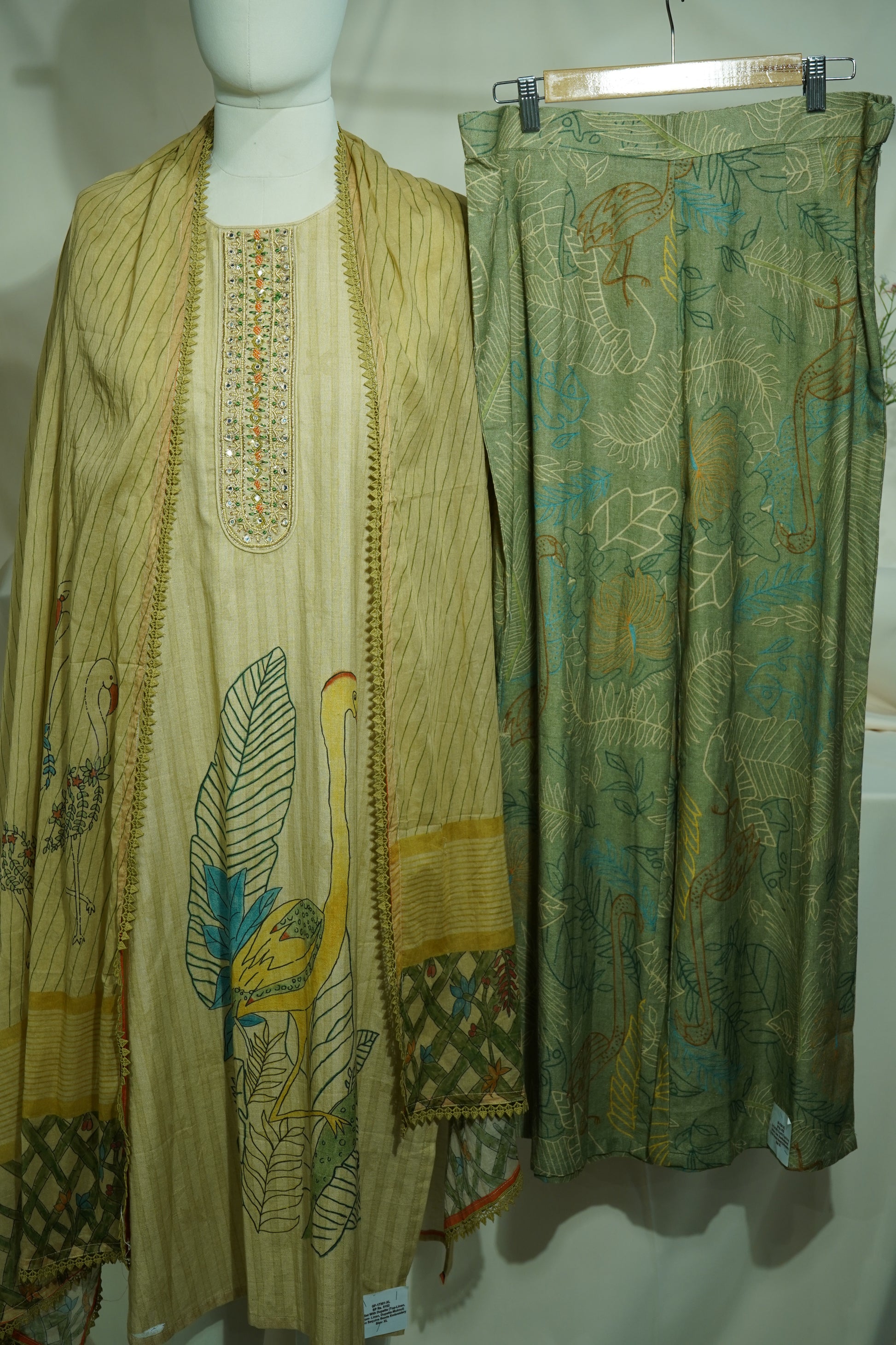 Exclusive Suit Set With Dupatta (Top-Linen, Bottom- Linen, Dupatta-Mulmul) Golden Sequins Beads Embroidery Fabric