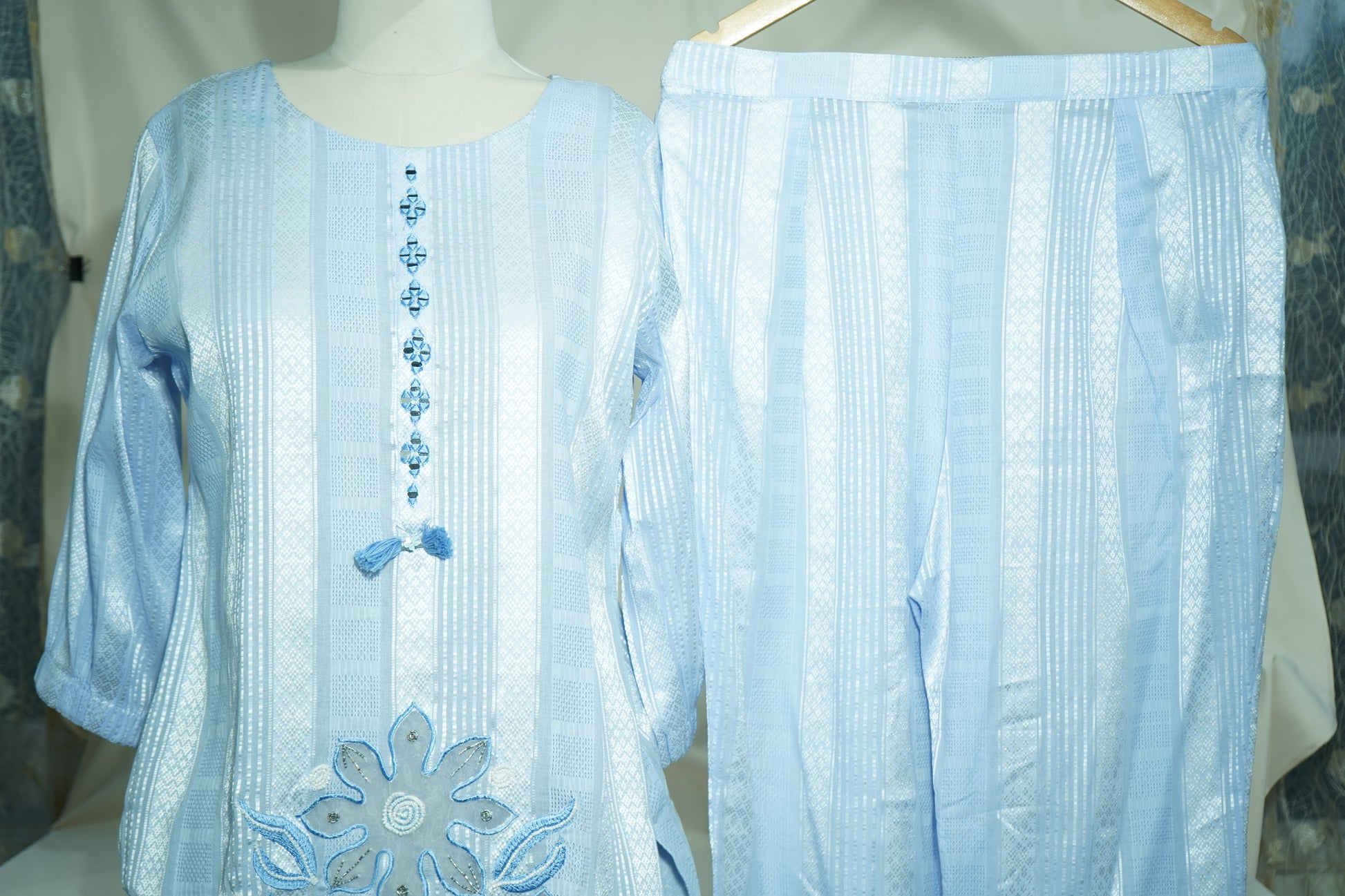 Blue Sequins Tread Embroidery Co-Ord Set (Organza Linen)