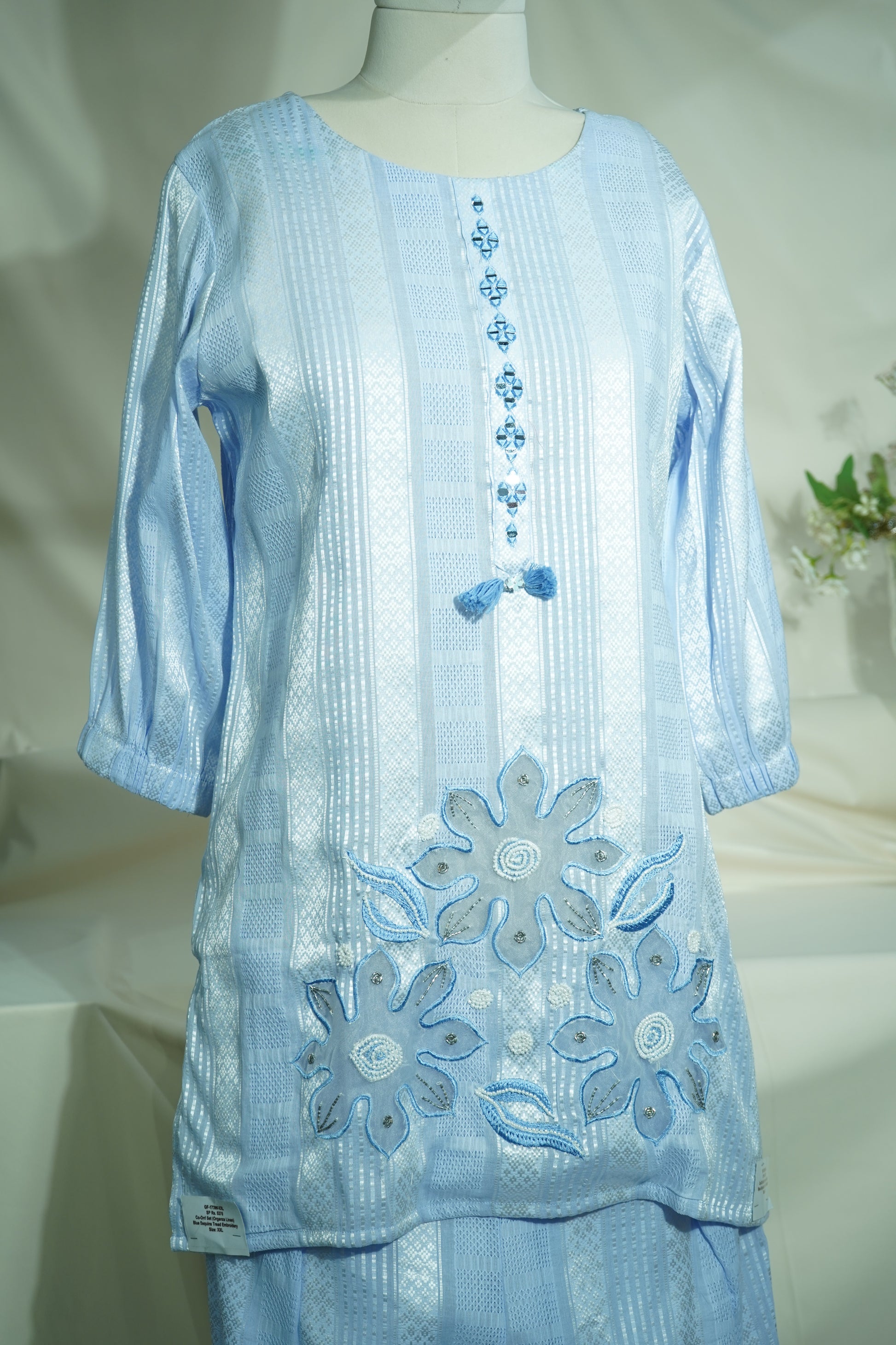 Blue Sequins Tread Embroidery Co-Ord Set (Organza Linen)