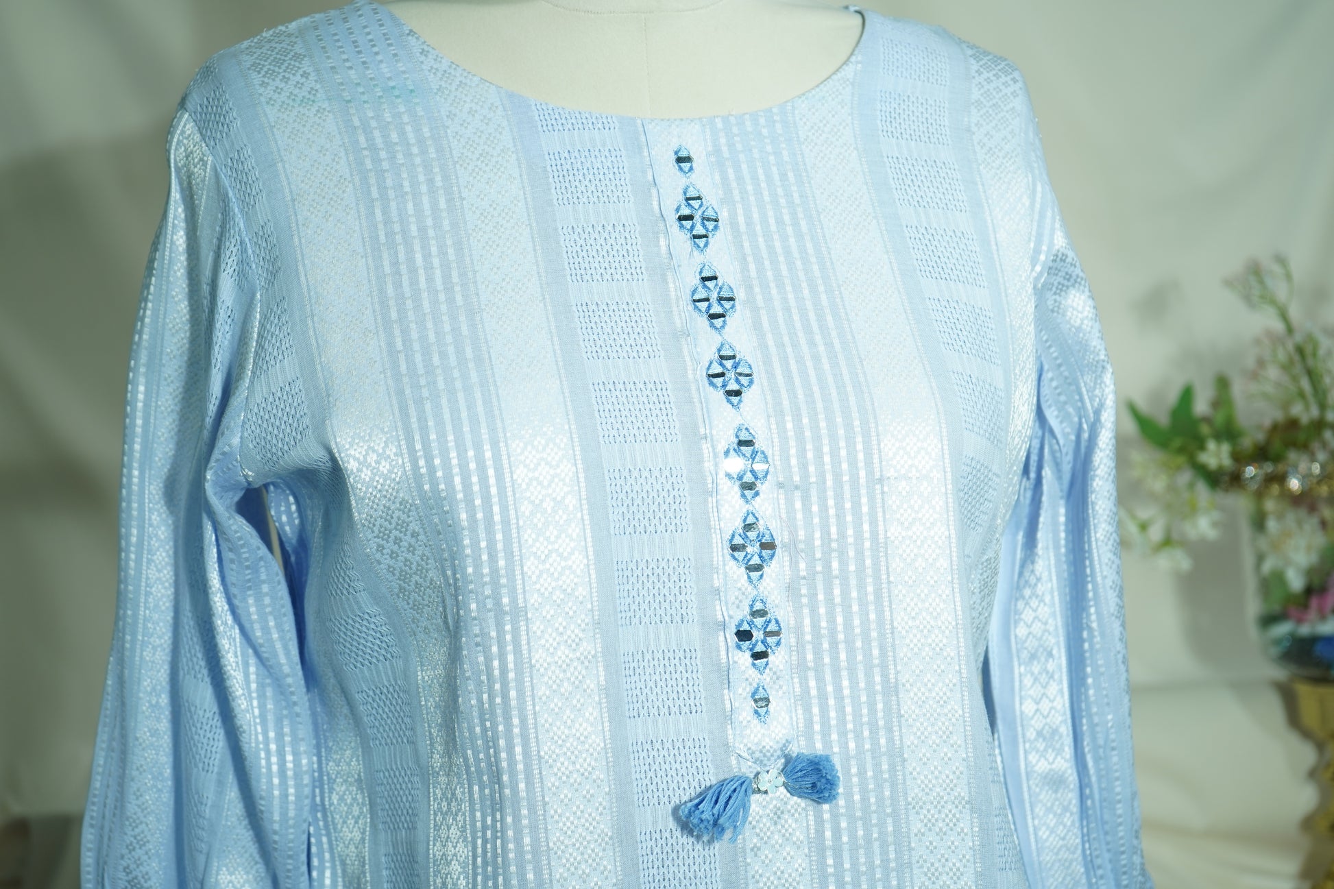 Blue Sequins Tread Embroidery Co-Ord Set (Organza Linen)