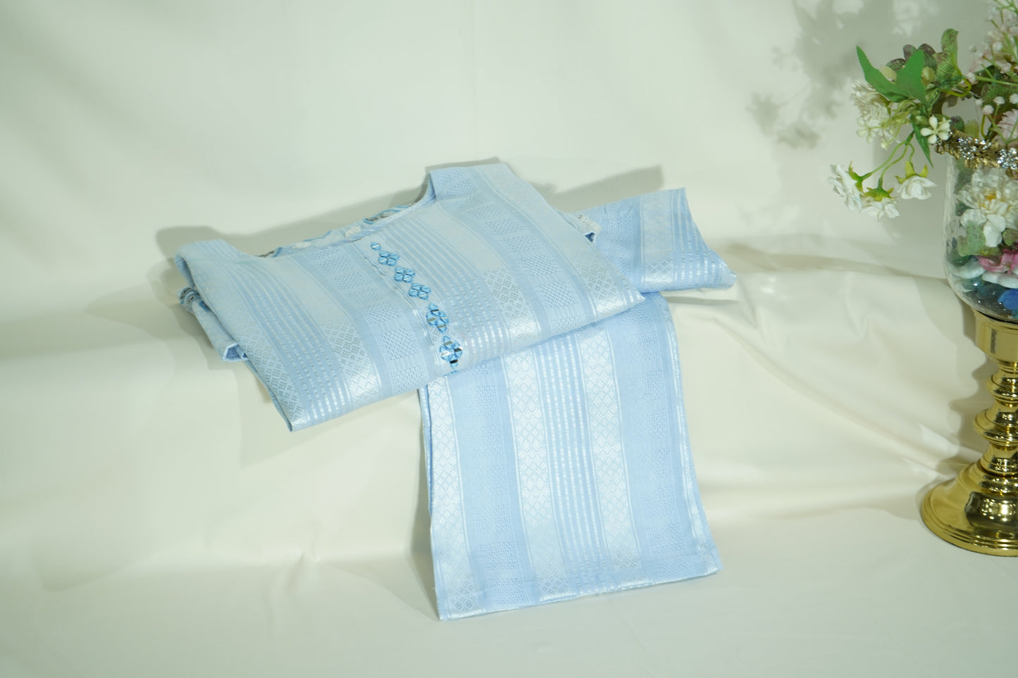 Blue Sequins Tread Embroidery Co-Ord Set (Organza Linen)