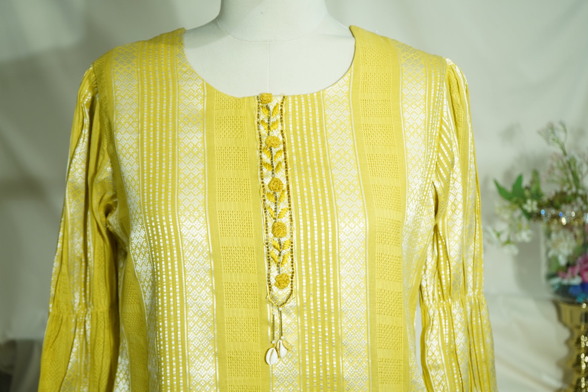 Yellow Sequins Tread Embroidery Co-Ord Set (Organza Linen)