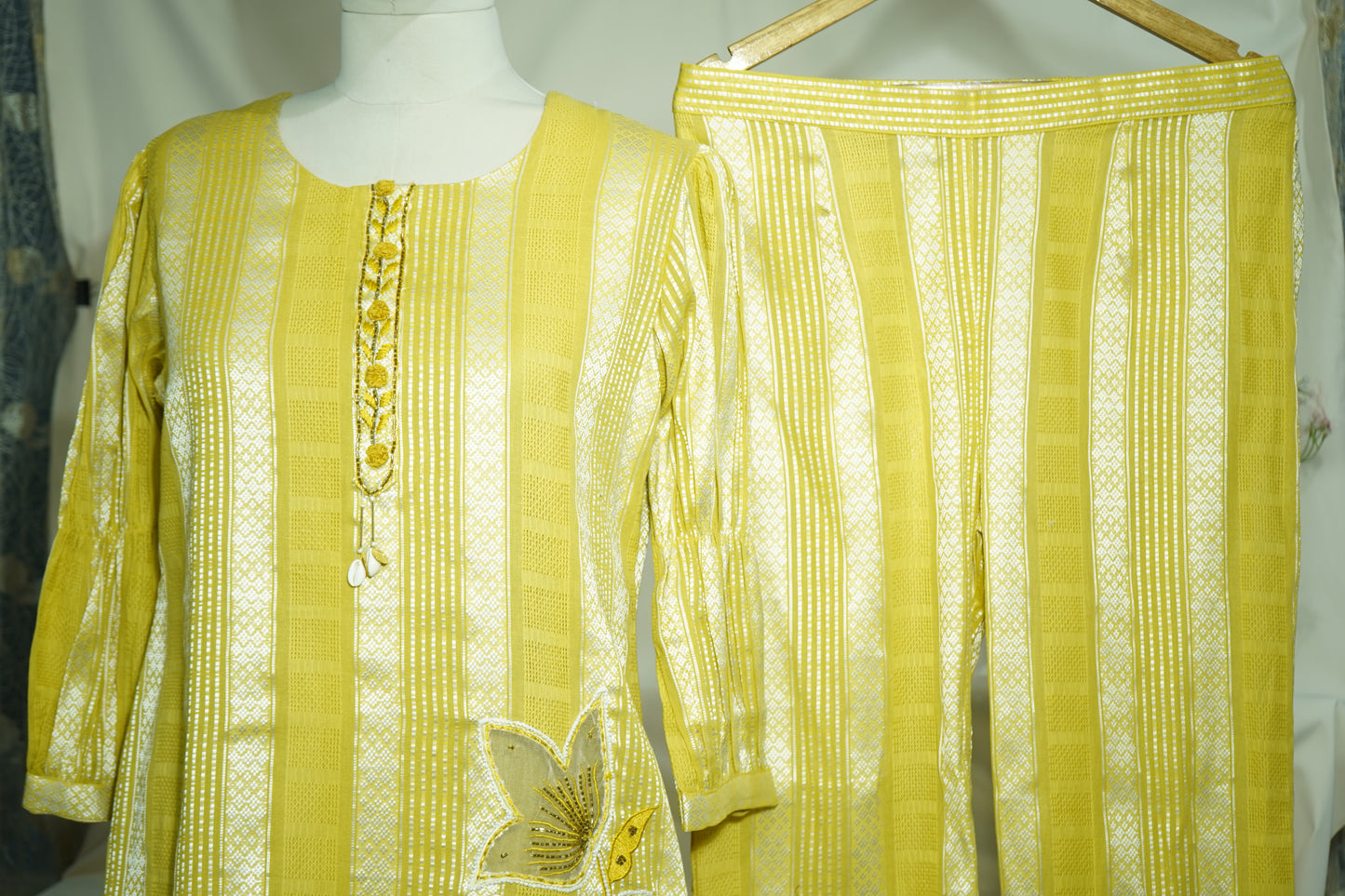 Yellow Sequins Tread Embroidery Co-Ord Set (Organza Linen)