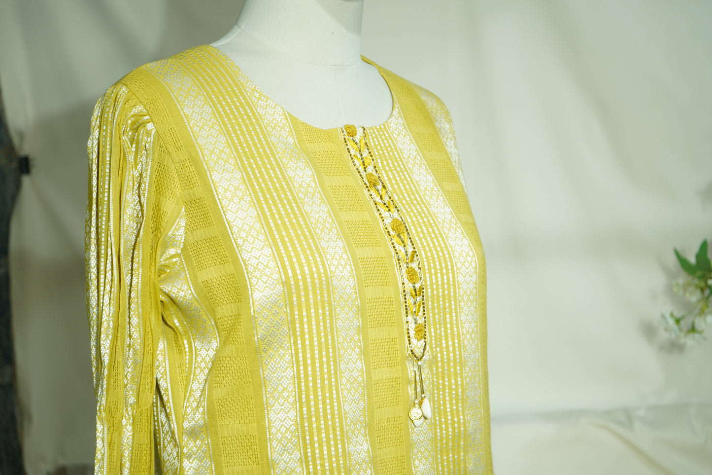 Yellow Sequins Tread Embroidery Co-Ord Set (Organza Linen)