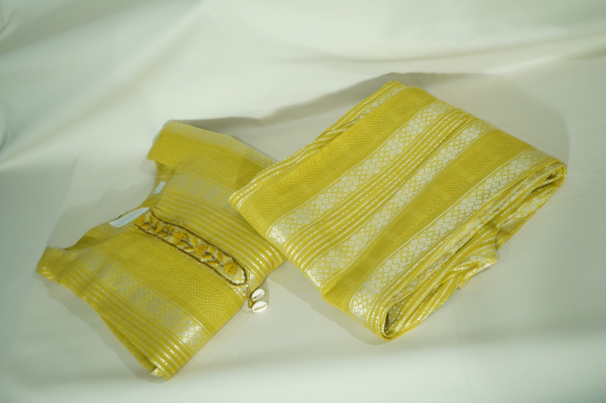 Yellow Sequins Tread Embroidery Co-Ord Set (Organza Linen)