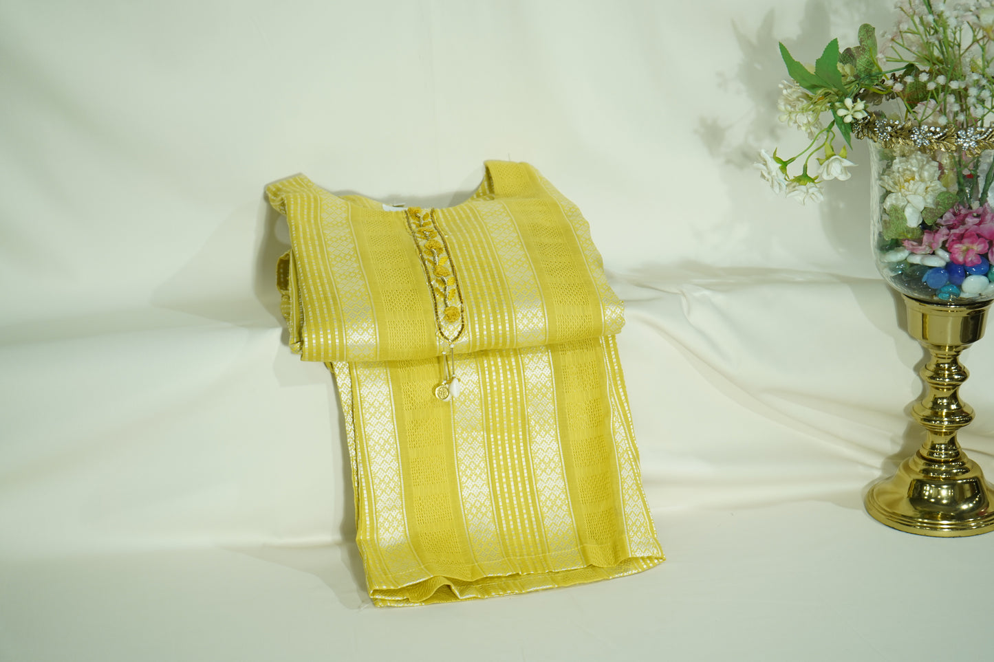 Yellow Sequins Tread Embroidery Co-Ord Set (Organza Linen)