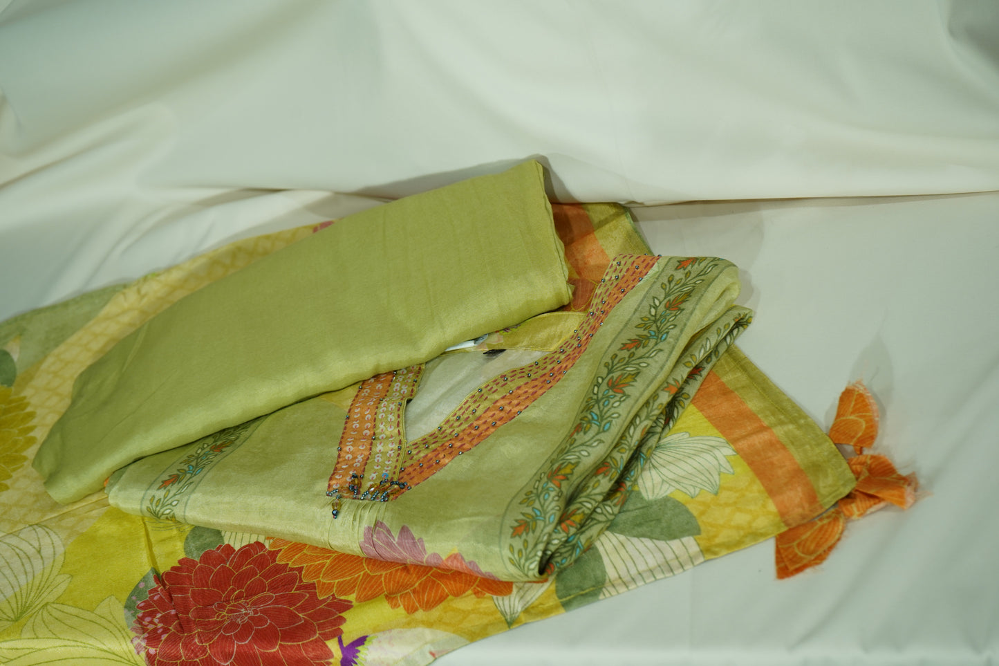 Suit Set With Dupatta (Top-Muslin, Bottom-Santoon, Dupatta-Chiffon) Light Green Thread Lace Embroidery 17425