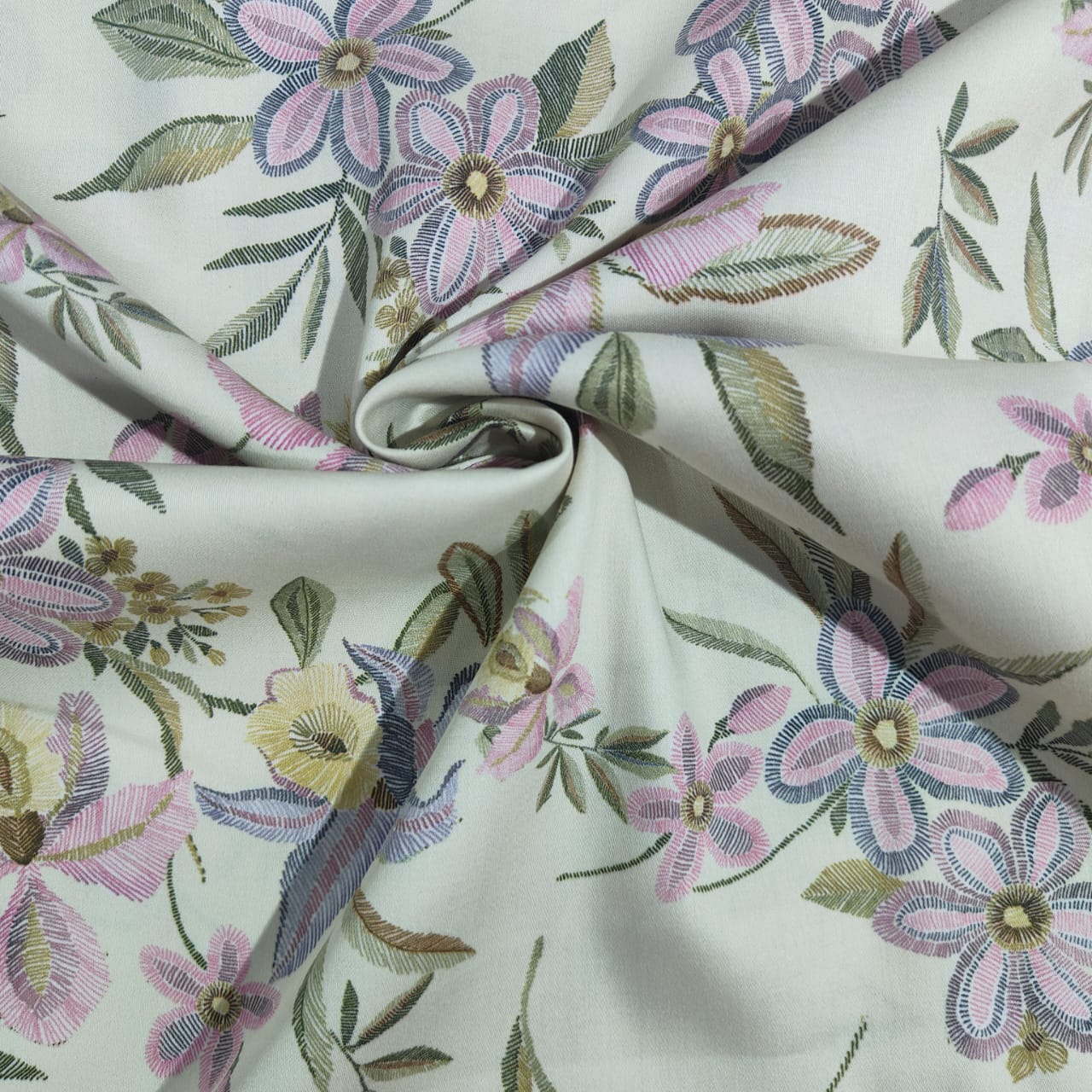 Creame Floral Print Cotton Satin 17554