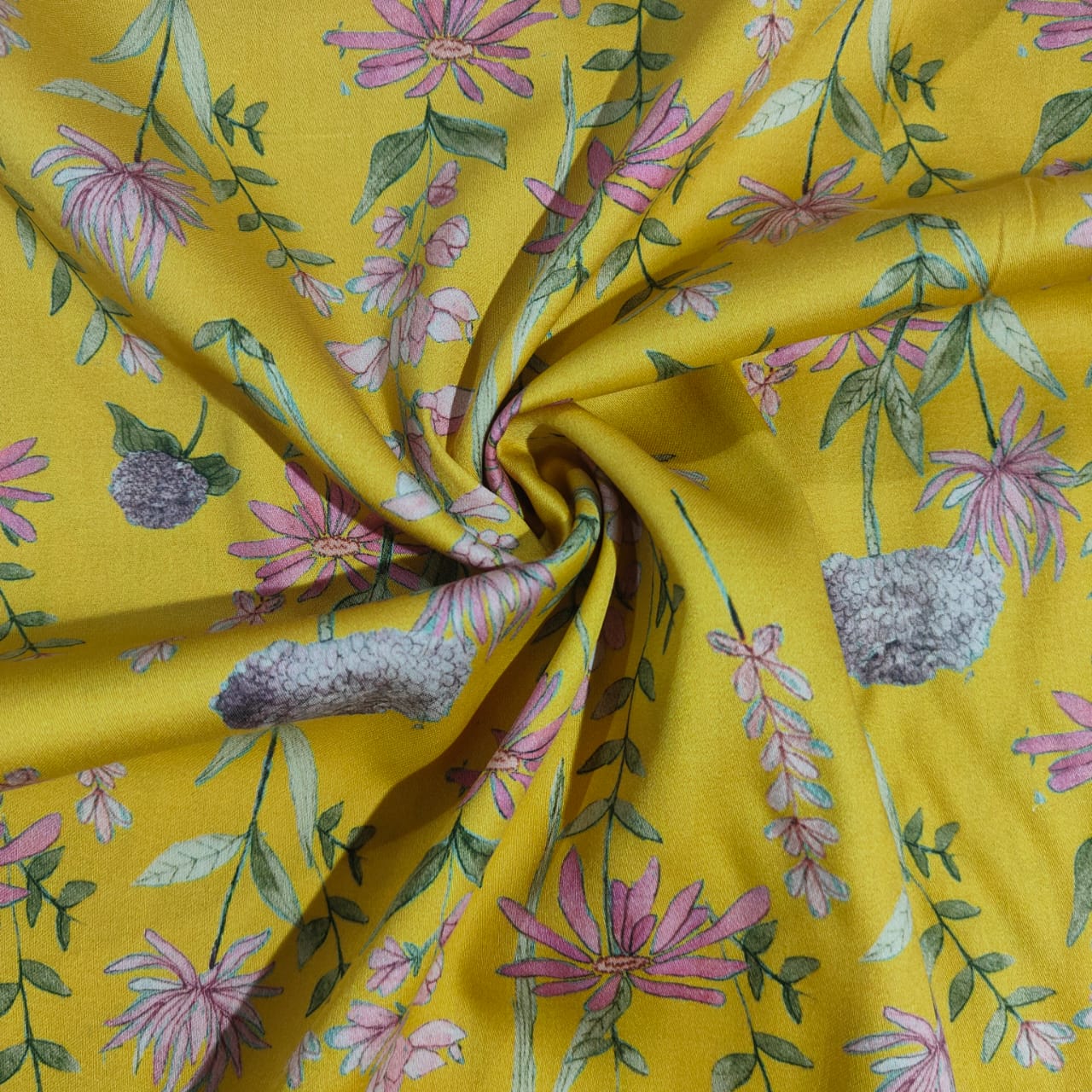 Yellow Floral Print Cotton Satin 17555